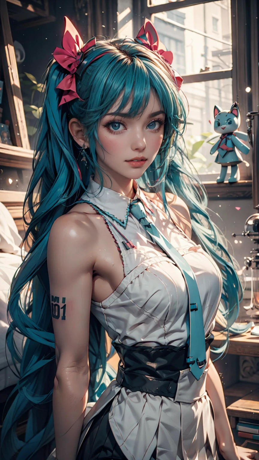 1 girl with multicolored hair, micro bra translucent blue lingerie to enhance femininity, translucent blue panties, on top of the counter in the kitchen, ear and gray cat syrup, with a sexual shyness, choker necklace, ((top quality, 8k, masterpiece: 1.4),(Masterpiece), maximum quality, ultra detailed, graffiti art, oil painting, extremely delicate technique, with, white clothes, black details, (blue eyes), urban background, dynamic perspective, street decoration, multiple layers of paint. --auto --s2