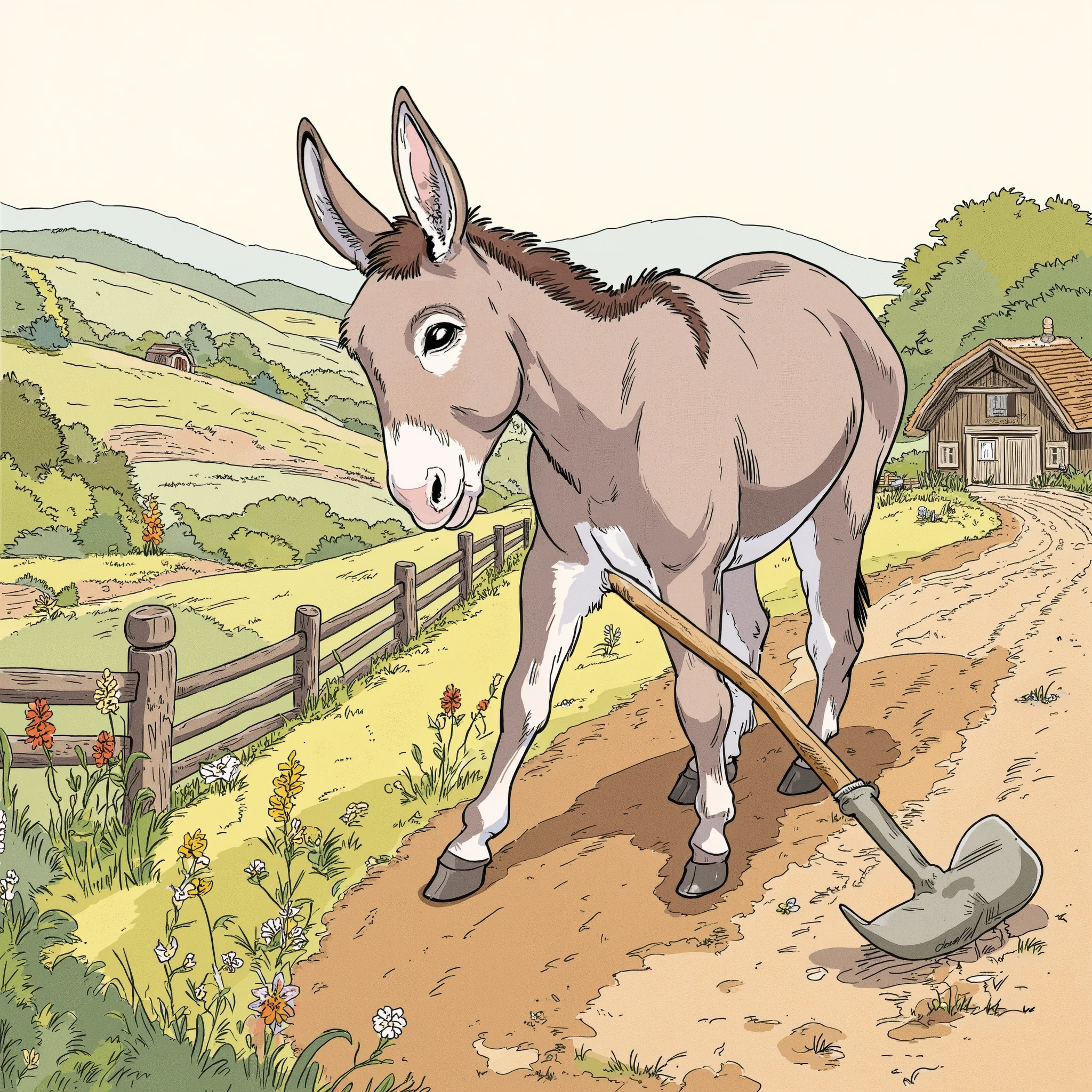 An illustration of a donkey working on the farm, making ridges with heo.
ren book illustration