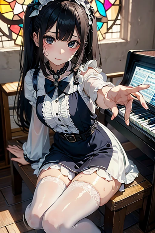 Top image quality Original Characters、Volume Lighting、Playing the piano、Longhaire、X、Dark blue dress、Blue Ice World、starrysky