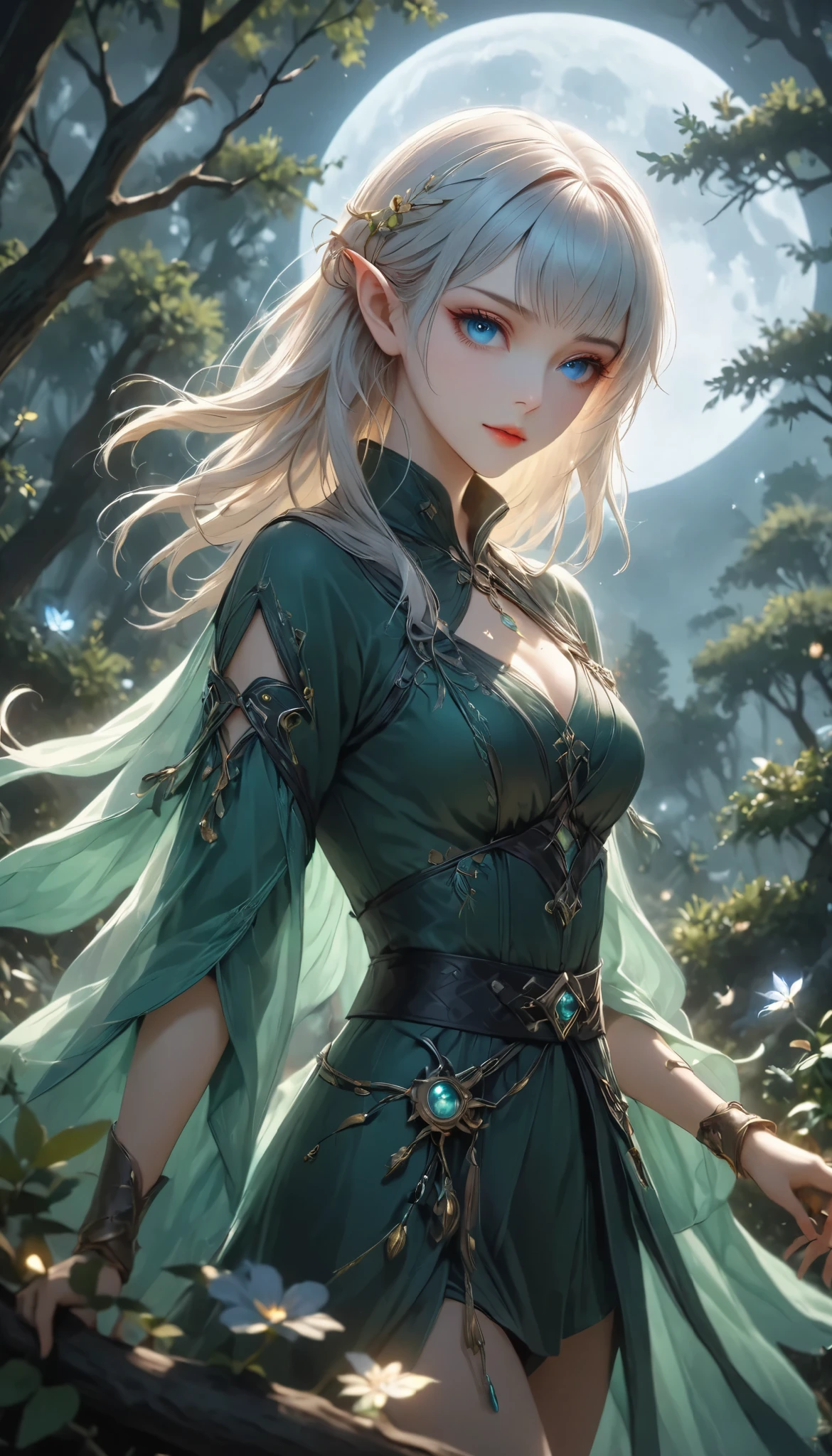 beautiful female elf, quick attacking posture, Clear Blue Eyes Shine Sharply, Starts at You, on the tree, old mysterious forest, BREAK Elongated elven ears, dark tones, Moonlight Backlight, Covert Operation Covered by Dark Night, the mysterious warm light accentuates the beauty of the elves. DGCU, bshp
