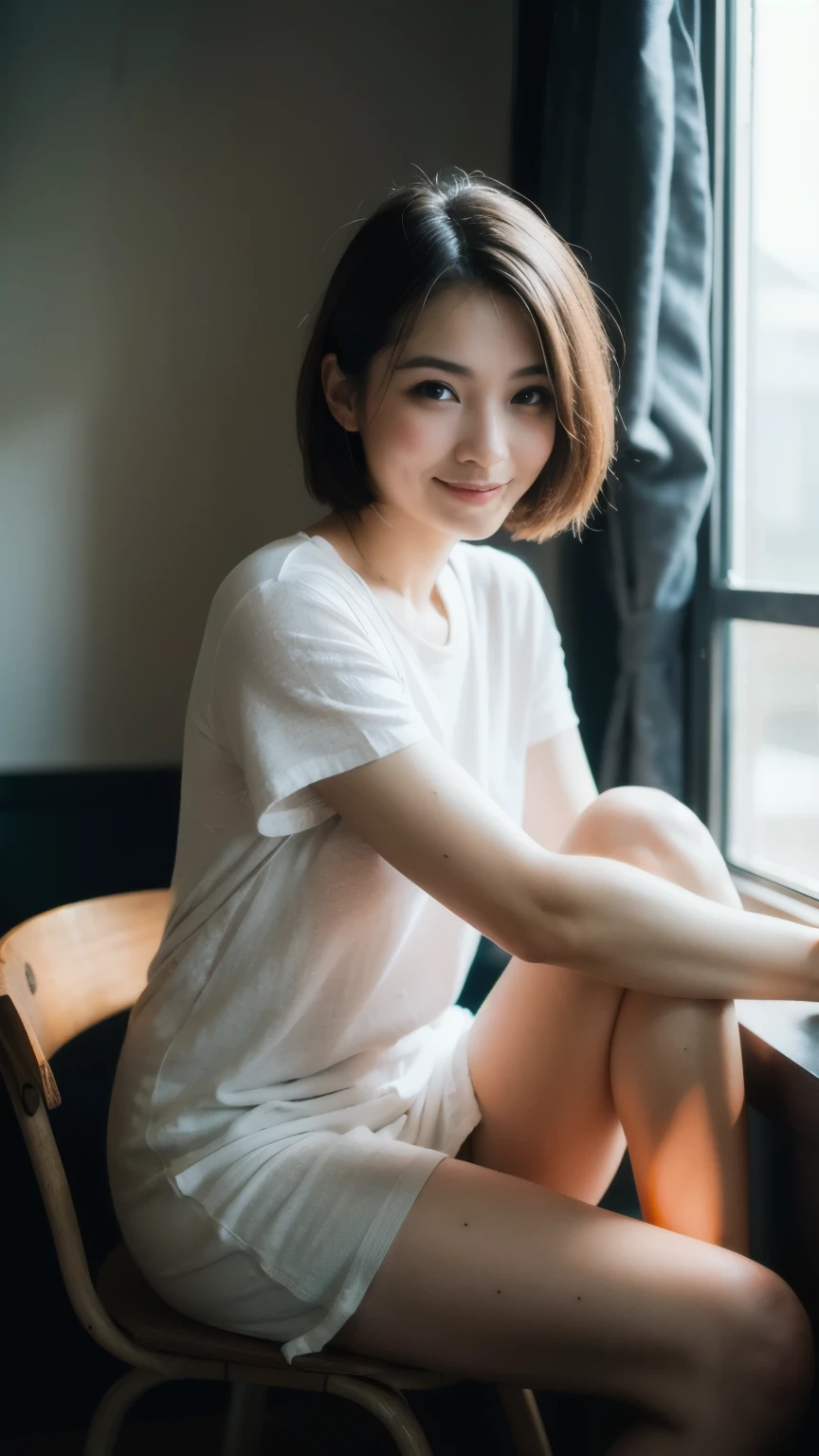 “Hyper-realistic, cinematic lighting with morning sunlight filtering into a stylish white hotel room. A highly detailed 16k ultra-high resolution RAW photograph of an 18-year-old woman sitting naturally on a bed. She has soft, realistic skin texture with delicate highlights and shadows, black eyes, and a subtle, shy smile. Her medium-short hair gently frames her face, and she wears a simple gray t-shirt. The atmosphere should be calm and intimate, capturing the authentic warmth of the morning light. Focus on the natural expression, lifelike skin, and the interplay of light and shadows on her face and surroundings. The image should evoke the feeling of an actual photograph, paying close attention to small details, aiming for a natural, unposed moment.”