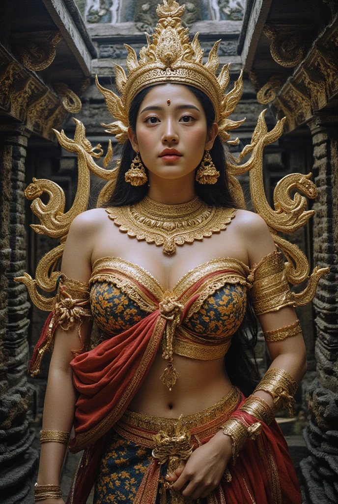 A meditation Goddes, detailed Thailand girl face, (extremely detailed intricate mechanical tiara :1.2), made from gold, (reflection:1.1),  bright skins, (spread arms), intricate detail, best quality, natural lighting, light flashing from behind,  long black hair, intricate attire, golden gears clothing, grinning, tilted head, bare navel, bright eyes, intricate hair, intricate clothing, puffed breasts, ample cleavage, ((full body shots)), dark theme background