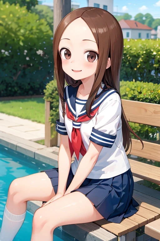 highest quality,High resolution、anime illustration style、takagi-san, one girl、closed mouth、smile、beautiful flower々Park with blooming flowers、A cute girl no matter who you look at、put your hands on your hips、absolute reference to center、smooth hair、closed mouth、brown hair、brown eyeedium hair, serafuku,cute sailorunform, (masutepiece, Best Quality:1.2), 8K, 85 mm, Official art, Raw photo, absurderes, A dark-haired, (Blue eyes, Lolita Fashion, sweetlolita, Gothic, Dress:1.2), Idol face, Upper body, Beautiful Girl, gardeniass, Copenhagen, Short sleeve, Elegance, Sophisticated, gardenia, Film grain, chromatic abberation, Sharp Focus, face lights, Dynamic lighting, Cinematic lighting,(( red blush、embarassed expression, Look away、Looking down in embarrassment:1.2))、(((tucking up the skirt、Pink panties are visible、Sujiman、slit)))、NSFW、A Certain Science Super Electromagnetic Cannon, stripe panties, vivid background, masterpiece, best quality, takagi-san, serafuku, bare forehead, long_hair, brown_eyes,brown_hair,short_sleeves,red_neckerchief, swimsuit, sports swimsuit, camel toe, white swimsuit, pool, school swimsuit, takagi1