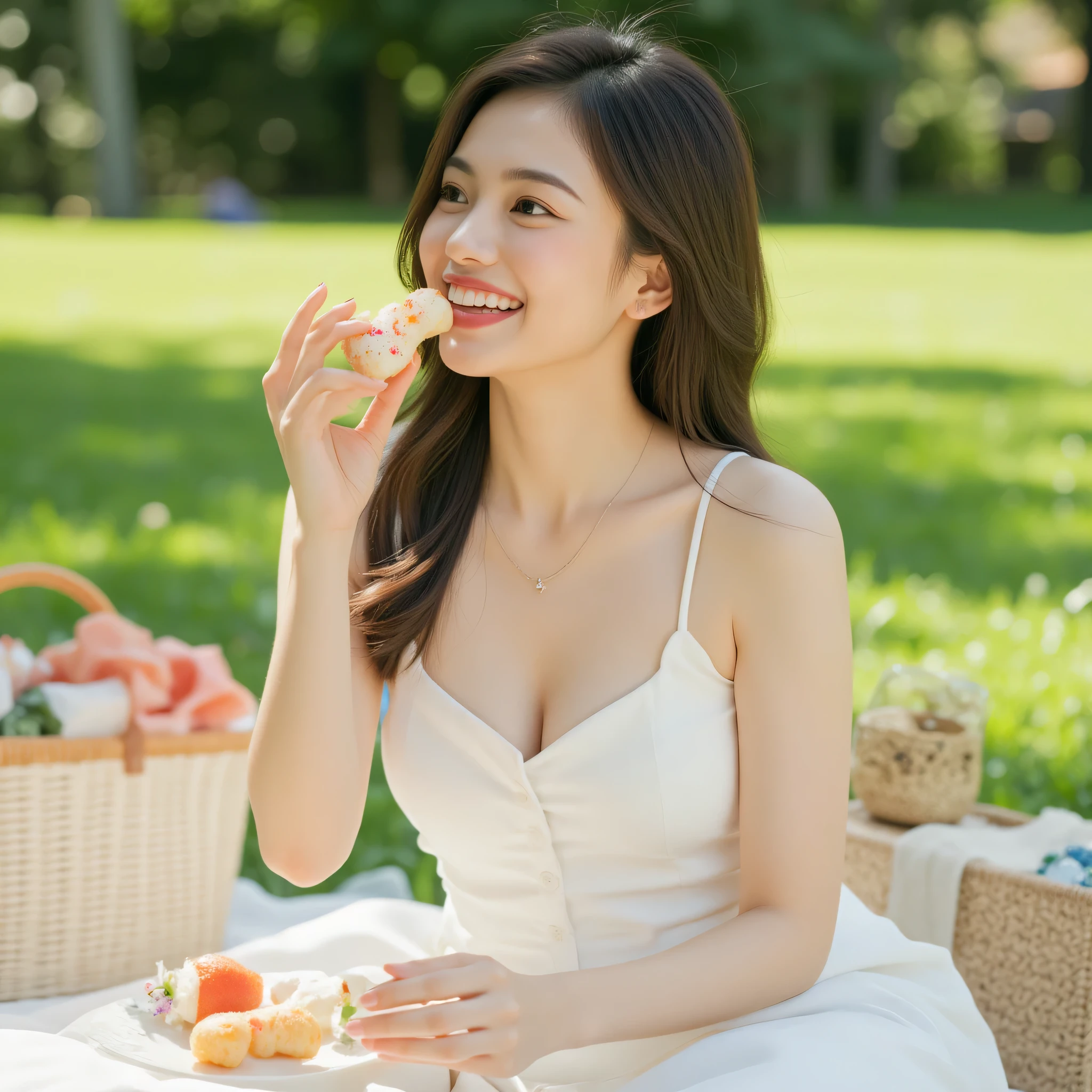 A charming 20-something cute super sexy Japanese person enjoying a relaxing picnic on a lush green park lawn, captured in a medium close-up shot. They are dressed fashionably in warm colors such as soft white, wearing a revealing yet elegant outfit that highlights their allure. Seated gracefully on a cozy picnic blanket, they exude warmth and sophistication while holding a beautifully arranged snack or a refreshing drink. Their smile is radiant and inviting, their expressive eyes reflecting joy as they playfully admire a sweet treat or take a sip from an elegant glass. The soft sunlight casts a golden glow on their skin, enhancing the dreamy, enchanting atmosphere. The slightly blurred background features vibrant greenery, picnic elements, and hints of a serene park setting, providing depth while keeping the focus on their captivating presence. The mood is intimate yet relaxed, effortlessly charming, and full of warmth.