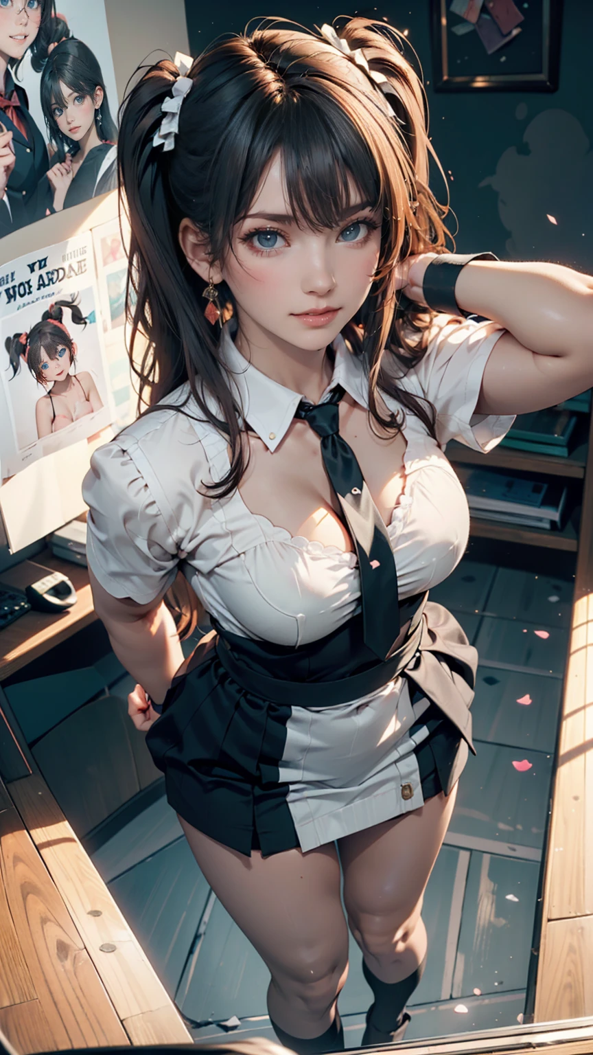 ((Best of the highest quality, 8k, Masterpiece, raw photo: 1.1)), (Sharp focus: 1.1), (1 AESPA, slim body type female, 22 y/o: 1.1), solo, Portrait Waist Up, (realistic, photo-realistic:1.37), face focus, finely small eyes, (forehead, short bob hair: 1.32), (sharp chin, droopy eyes: 1.32), (sad eyes: 1.1), (Emphasize prominent aegyo-sal with bright: 1.28), shimmering eyeshadow applied under the lower lash line, paired with thick, (small breasts, flat chest, thigh: 1.2), (short messy hair: 1.2), (fright attendant uniform, ribbon: 1.28), walking airport terminal, flower, anime