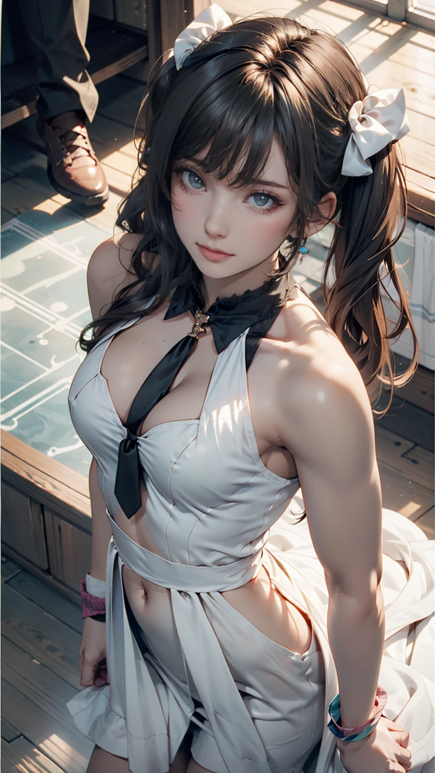 ((masterpiece)), ((best quality)), (ultra-detailed), NSFW, ,((torture room)),((torture)),(((single narrow belt strongly bound waist))),a cute girl, 1girl, solo, (white mini lacy slip dress),((both wrists tied above the head)), ((tied to an torture chair)),(((bdsm))),((thin waist)),beautiful pinkbrown hair, beautiful blue eyes, (beautiful eyes), long hair,troubled expression