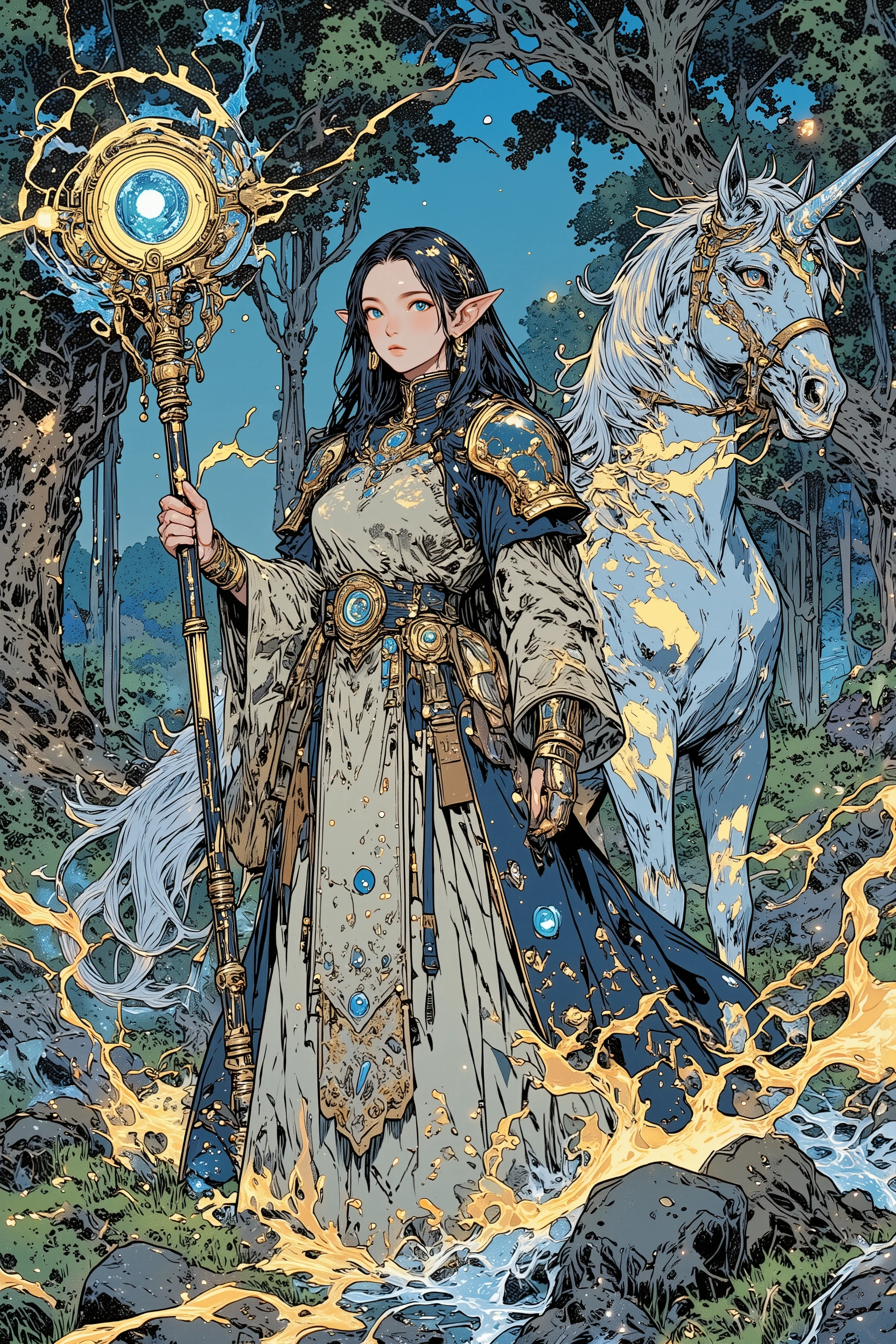 A high-resolution digital painting of a **confident female Elven Battlemage** standing in front of a **majestic Unicorn** in an **enchanted Elven forest**. She has **distinctive long elven ear**. She wears a **flowing battle robe with glowing arcane symbols**, paired with **light elven armor** that radiates faint magical energy. She holds a **mystical battlestaff**, its **crystal core pulsing with ethereal light**.  

The **Unicorn** behind her has a **sleek, regal appearance**, with a **shimmering silver coat** and a **spiral horn glowing with divine magic**. The **Elven forest** in the background is **mystical and serene**, with **towering ancient trees, softly glowing vines, and floating magical wisps**. The **composition emphasizes her arcane power and the mythical beauty of her surroundings**, making it perfect for **fantasy concept art or a book cover**.  
