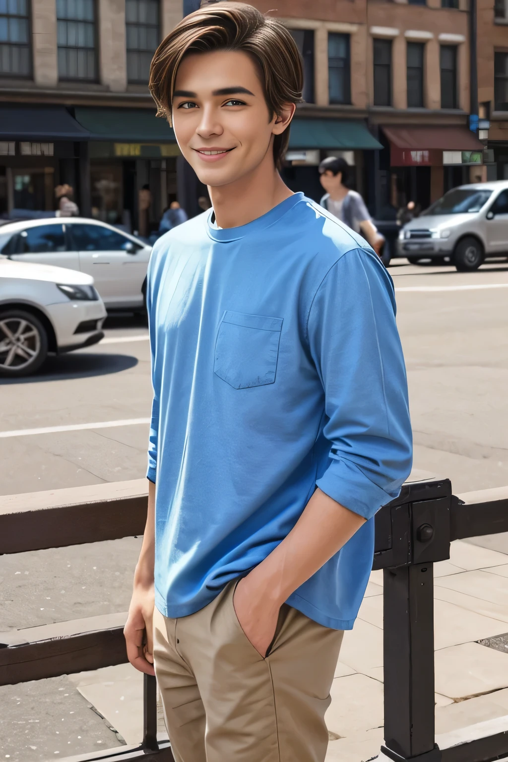 Age 25々 cool guy、 what it feels like to be a model 、 chic casual clothes 、delicate face、 foreign、I have brown hair 、 brown eyes、Sunny daytime、 cool standing figure 、 The background is a city scene、 live action shooting style、High quality 8K、 has a bright smile、 like the model 、 One Man、