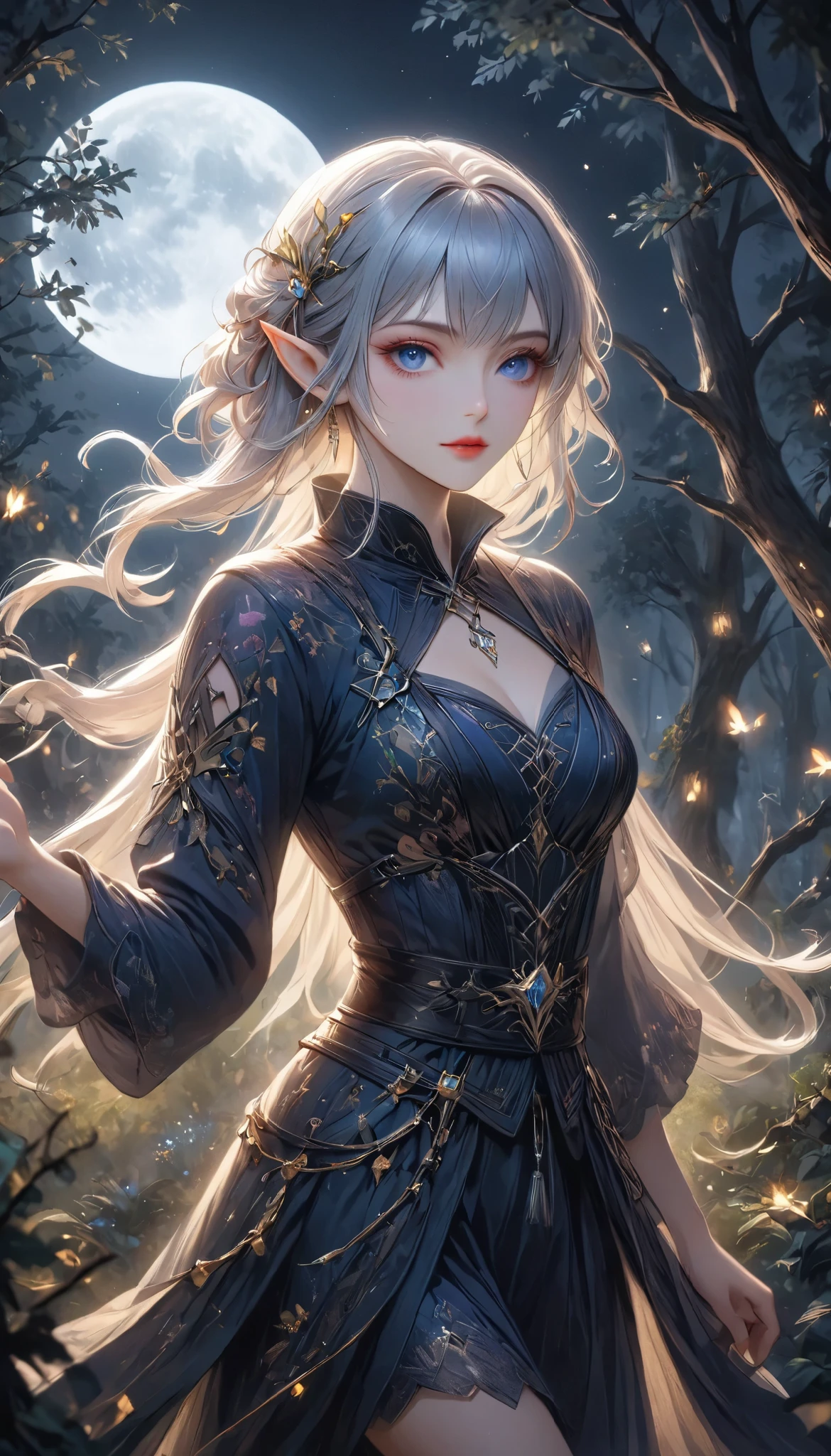 beautiful female elves, quick attacking posture, Clear Blue Eyes Shine Sharply, Starts at You, on the tree, old mysterious forest, BREAK Elongated elven ears, dark tones, Moonlight Backlight, Covert Operation Covered by Dark Night, the mysterious warm light accentuates the beauty of the elves. DGCU, DarkElves,