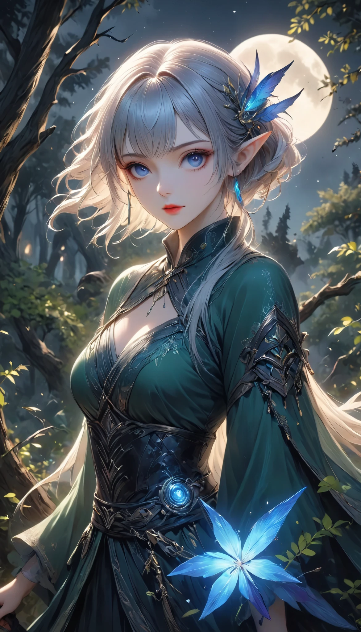 beautiful female elves, quick attacking posture, Clear Blue Eyes Shine Sharply, Starts at You, on the tree, old mysterious forest, BREAK Elongated elven ears, dark tones, Moonlight Backlight, Covert Operation Covered by Dark Night, the mysterious warm light accentuates the beauty of the elves. DGCU, DarkElves,