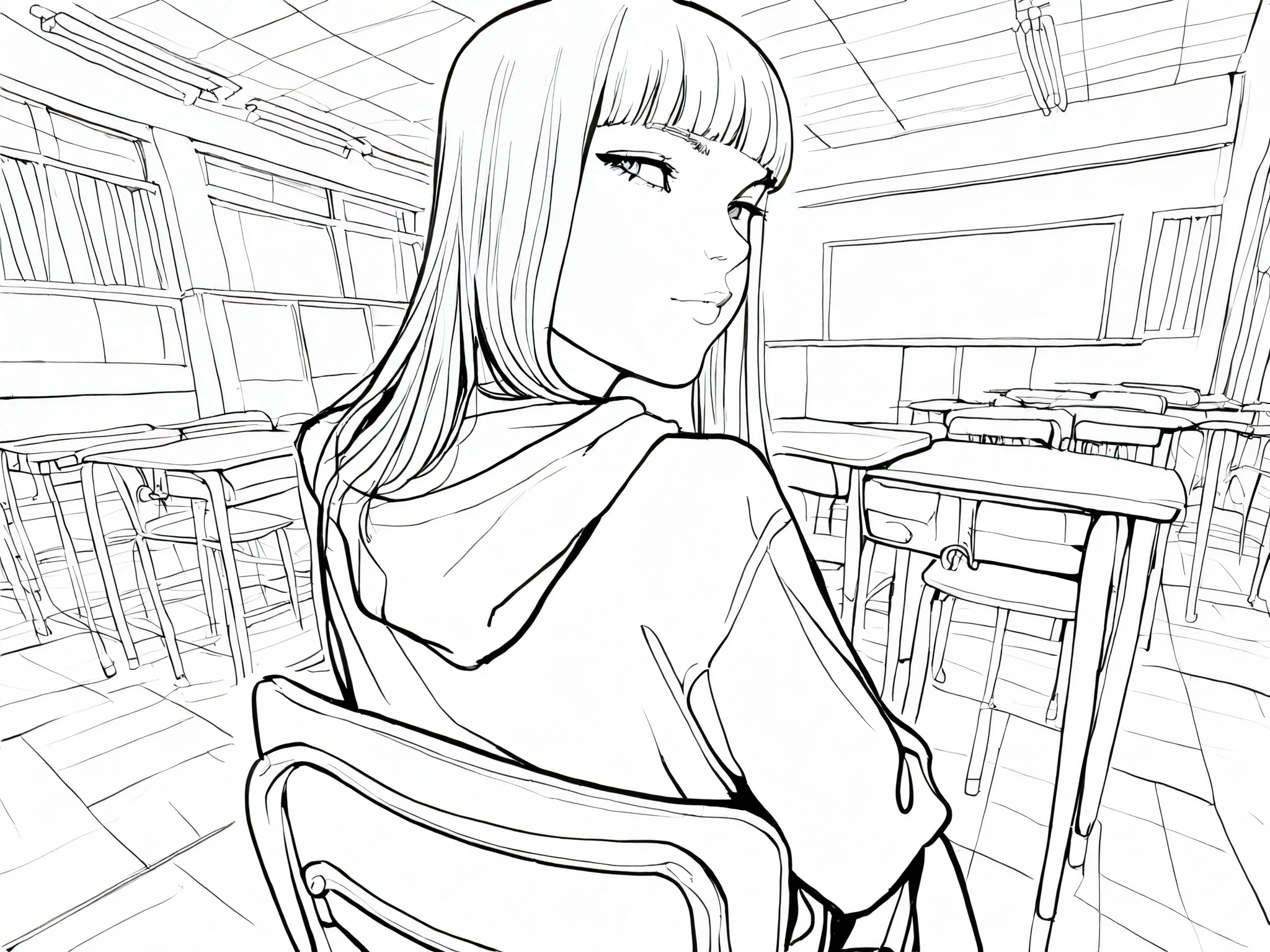 1girl, blunt bangs, grey eyes, long hair, white hoodie, sitting on chair, looking back towards viewer, classroom background, foreshortening, detailed background, masterpiece, line art, lineart, greyscale, monochrome, realistic, Timbrook,
(masterpiece: 1.0), best quality, perfect anatomy, perfect composition, perfection, 4k resolution, absurdres, very aesthetic, professional artwork, absolutely beautiful,