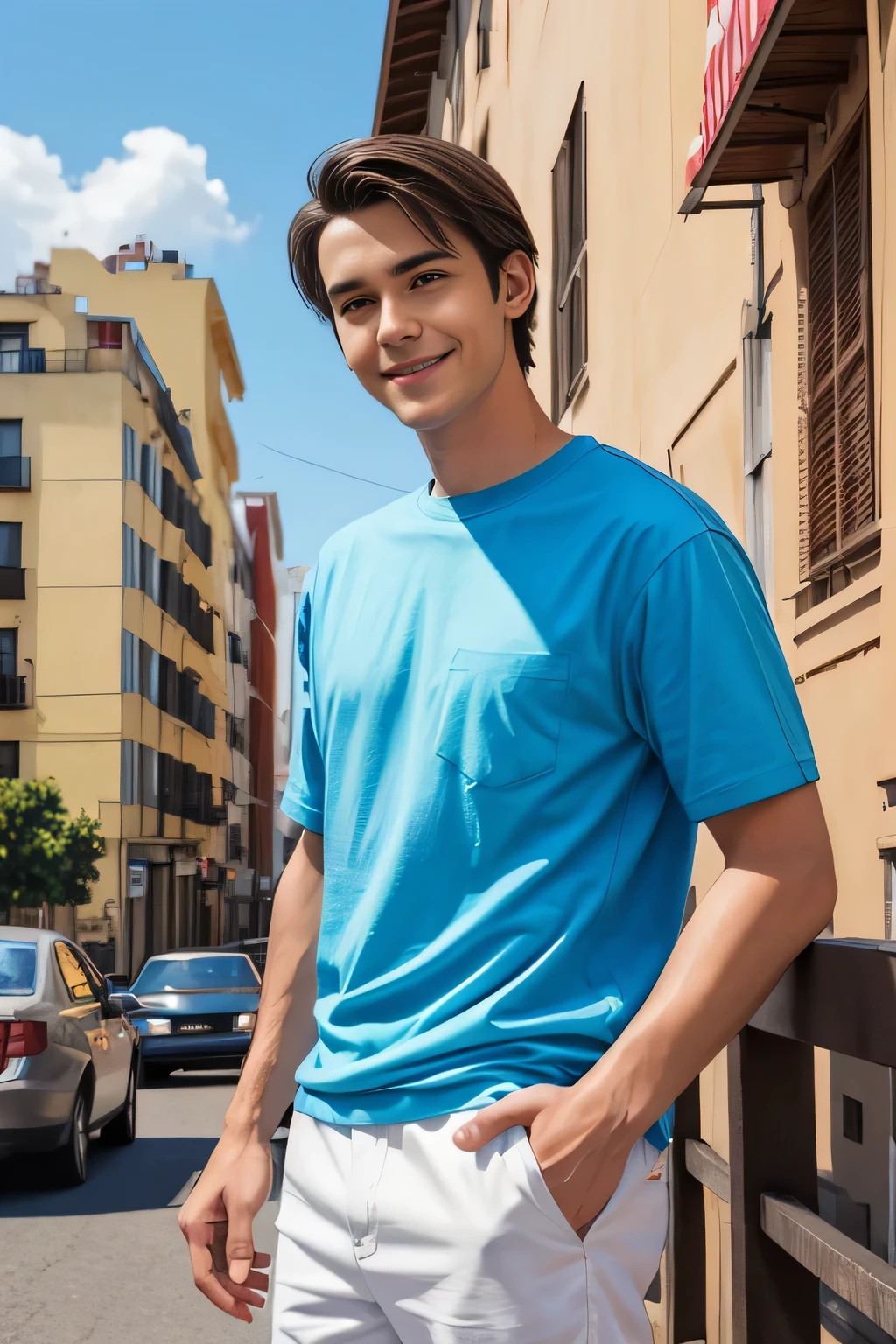 Age 25々 cool guy、 what it feels like to be a model 、 chic casual clothes 、delicate face、 foreign、I have brown hair 、 brown eyes、Sunny daytime、 cool standing figure 、The background is a cityscape 、 live action photography style、High quality 8K、 has a bright smile、 like the model 、 One Man、