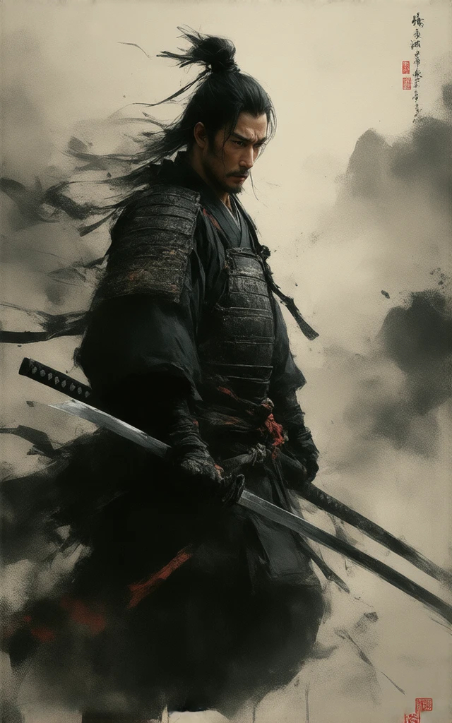 Anamo, 1 boy, Male focus, solitary, Stubble,, Masculinity, Black Hair, Blood, warrior, armor, helmet, Looking at the audience,, Upper Body