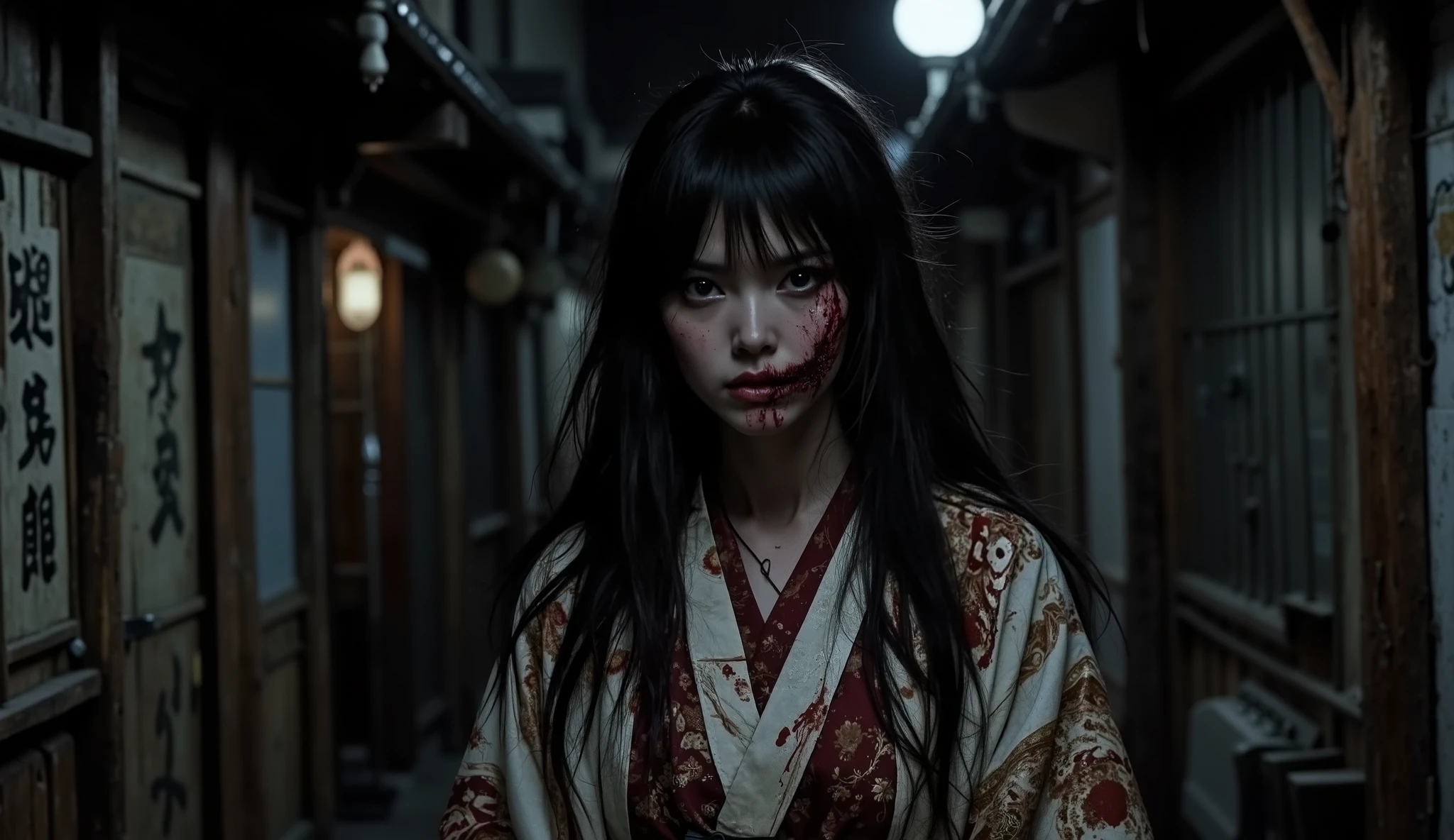 a ghost woman, Japanese woman with an evil look with long black hair, his skin was pale , (He had a cut that went through his mouth that ran horizontally from one cheek to the other ) in a dark alley in a town in Japan in the 1970s, He was wearing an old, dirty kimono stained with dried blood.