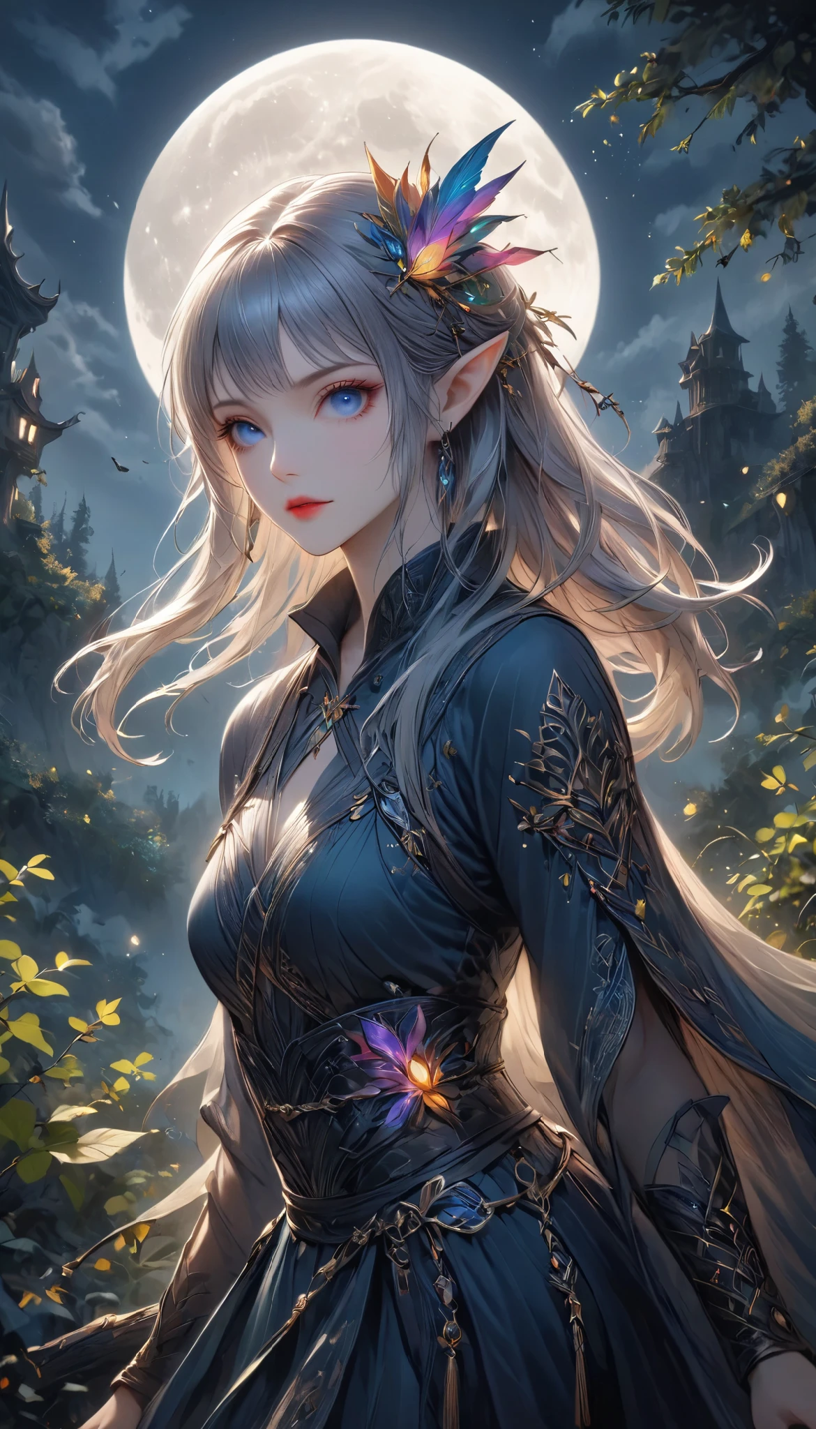 beautiful female elves, quick attacking posture, Clear Blue Eyes Shine Sharply, (Starts at You:1.27), on the tree, old mysterious forest, BREAK Elongated elven ears, dark tones, Moonlight Backlight, Covert Operation Covered by Dark Night, the mysterious warm light accentuates the beauty of the elves. DGCU, DarkElves,