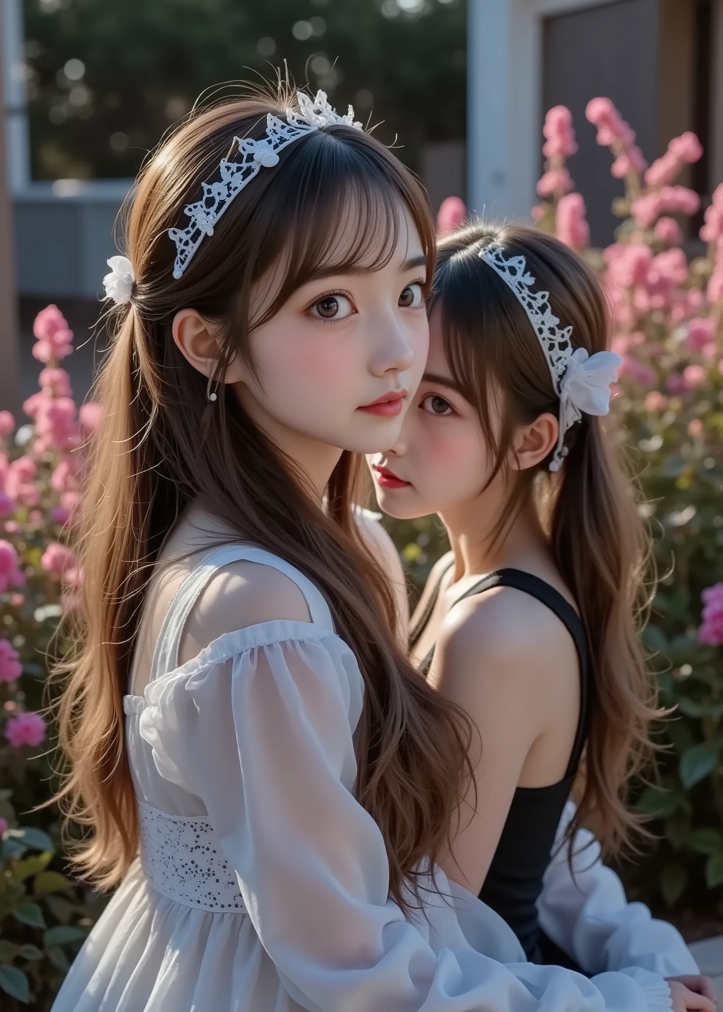 Realistic Scenery、 Night Resort 、Two girls sitting on a bench having a conversation、 White Beautiful Skin 、flower bed、Street lamp、 fairy tale