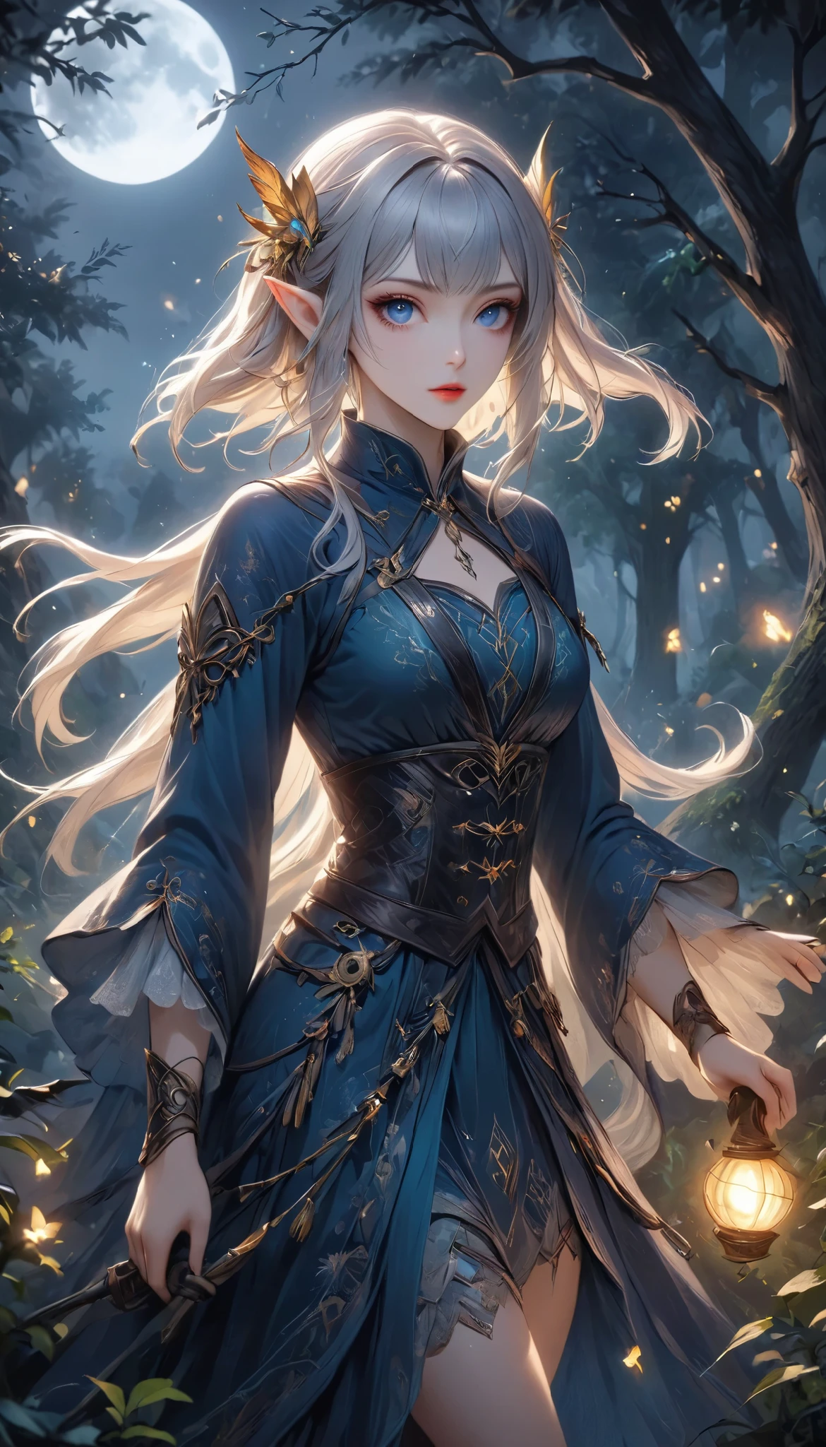 beautiful female elves, quick attacking posture, Clear Blue Eyes Shine Sharply, (Starts at You:1.27), on the tree, old mysterious forest, BREAK Elongated elven ears, dark tones, Moonlight Backlight, Covert Operation Covered by Dark Night, the mysterious warm light accentuates the beauty of the elves. DGCU, DarkElves,