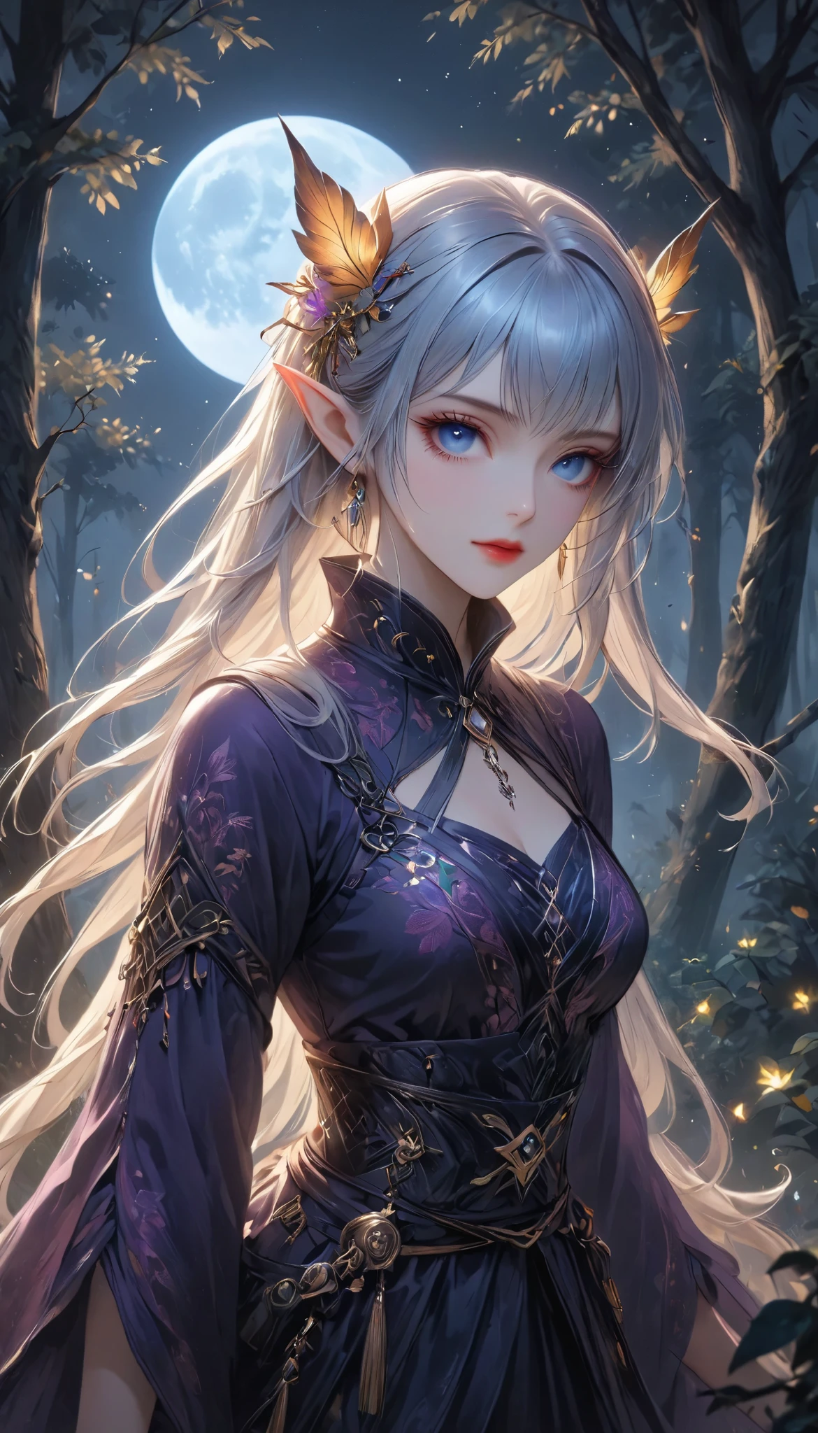 beautiful female elves, quick attacking posture, Clear Blue Eyes Shine Sharply, (Starts at You:1.27), on the tree, old mysterious forest, BREAK Elongated elven ears, dark tones, Moonlight Backlight, Covert Operation Covered by Dark Night, the mysterious warm light accentuates the beauty of the elves. DGCU, DarkElves,