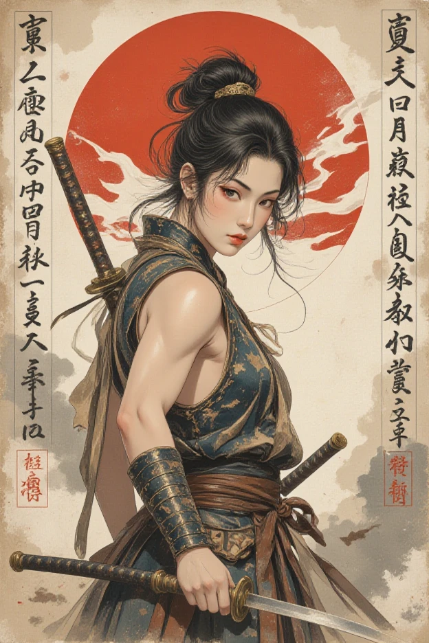 Young Asian samurai girl. He looks down seriously. Side view. The body is effectively curved .Shoulders are thrown back. The arms are loosely lowered along the body. The head is slightly turned towards the viewer. Very dark hair, gathered in a high, careless bun on top of her head. A battered old leather vest with  arms and shoulders. Leather armbands. Two katanas, one of which is sheathed on his back, and the other is on his belt on the other side.Sepia.The background is an old worn and  wall, once painted white. Japanese calligraphy, hieroglyphs. A large stylized red circle resembling a Japanese flag, carelessly painted with a large brush. Streaks and splashes of red paint. The texture of worn wood .  splashes streaked across the entire surface of the background. The overall art style is colorful and slightly rough, like a battered antique poster. The color scheme is muted and dim. The emphasis is on details and a sense of calm power. Ukiyo-e, Samurai-style, ink graphics. Lines of movement, Framed within a frame. masterpiece, super detail, 8k

