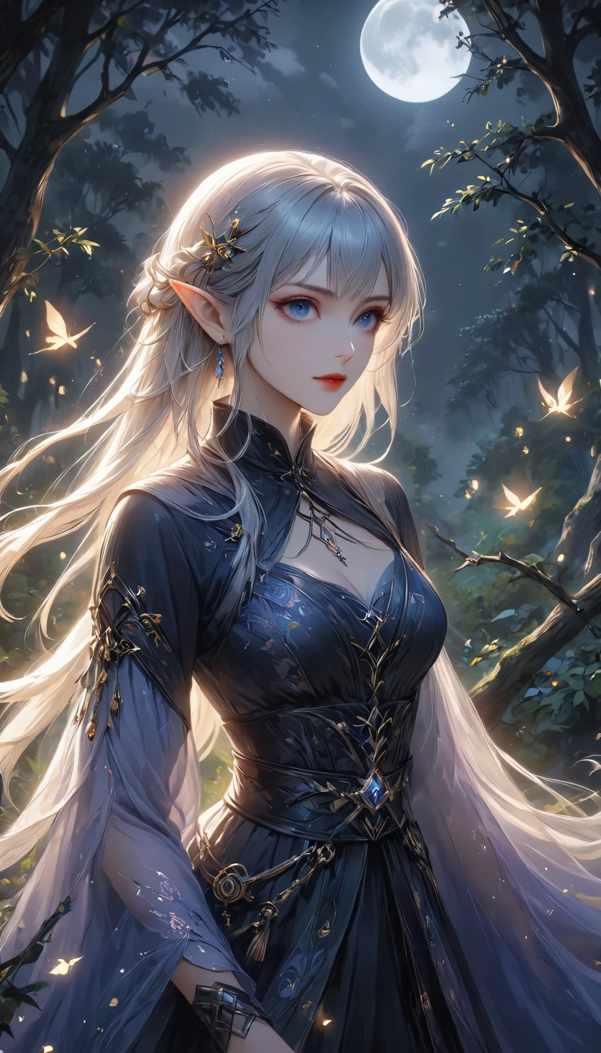 beautiful female elves, quick attacking posture, Clear Blue Eyes Shine Sharply, (Starts at You:1.27), on the tree, old mysterious forest, BREAK Elongated elven ears, dark tones, Moonlight Backlight, Covert Operation Covered by Dark Night, the mysterious warm light accentuates the beauty of the elves. DGCU, DarkElves,