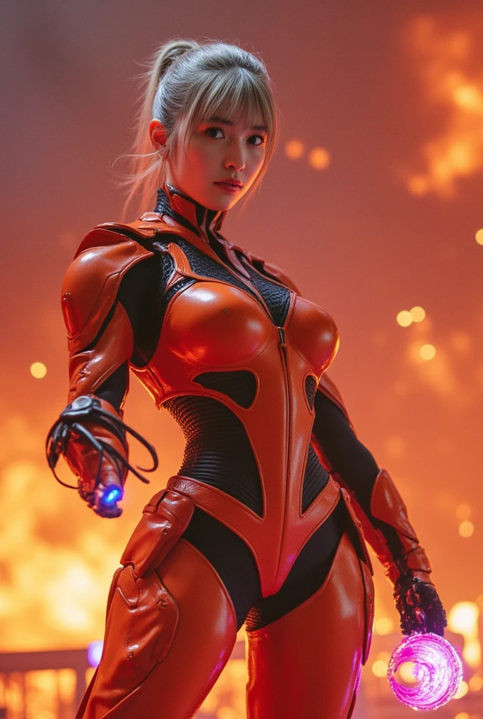Beautiful woman with long yellow hair, She is wearing a red cyber armor suit crop top that accentuates her cleavage., Slim Abs, Curvaceous figure, It has mechanical wings on its back., Futuristic city background, (Highest quality,4K,8k,High resolution,masterpiece:1.2),Very detailed,(Realistic,photoRealistic,photo-Realistic:1.37),Very detailed目と顔,Long eyelashes,Beautiful lip detail,Highly detailed cyborg armor,Complex mechanical wings,Glowing Energy Effect,Cinema Lighting,Vibrant colors,Dramatic composition,Concept Art Style