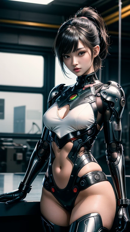 Virtual image,Realistic 8K images,hips up,Masterpiece,Complete Anatomy,Complete dynamic composition,morning sun,Light hits the front,young woman with long brown hair,Staring at me.,A small but cute smile,The machine is connected to the body.,Wear headphones with bright neon lights.,alone,,Has tattoos on his upper arms and stomach.,complicated details,Weird details,future world,Above expectations,Cyberpunk with bright neon lights all around.,glowing cyberpunk,cybernetic robot((White-red-yellow-gold cyberpunk figure..)),Bikini body-,white tank top,The background of the large gears is deserted..