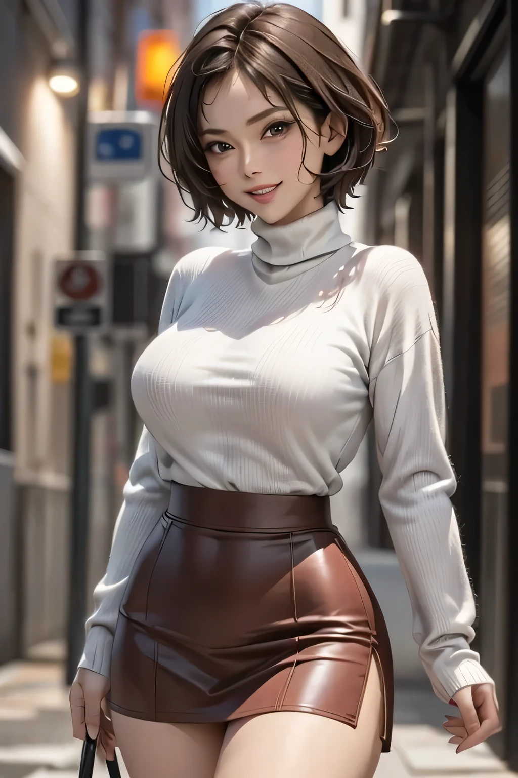 ((masterpiece)), ((Highest quality)), ((Complex)), ((Surreal)), (Realistic), (Mature Woman), ((No classes)), Very detailed, (1 female), Big Breasts, Beautiful and exquisite, (Beautiful Teeth), Grin, Brunette bob hair, Brown eyes, (Blue long turtleneck), (Brown tight mini skirt), ((Thighs)), (stockings), (background: underground), detailed background, Perfect Eyes, Captivating eyes, Looking at the audience, from before