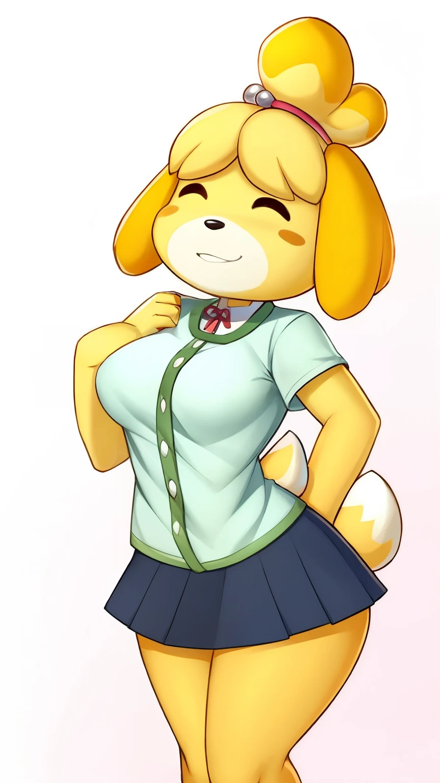 Isabelle from animal crossing, anthro, beautiful girl, full body, attractive body, slim beautiful body, attractive beautiful face, big chest, ultra hd, hdr,  intricate detail, masterpiece, 8k, nsfw, in the style of tsampikos, high saturation, glowing colors, classic outfit, white shirt, green vest, black skirt, tits out, chibi, inverted nipples