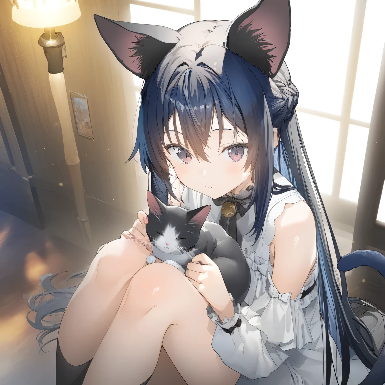 ((top-quality))、((a masterpiece of))、((ultra-definition))、(illustratio)、(Fine light)、(Extremely delicate and beautiful)、(((独奏)))、1 girl in、(((beautiful a girl)))、mideum breasts,blue eyess,(Black cat ears), (Ahoge), shorth hair, (Maeby Hair),bathrobe、