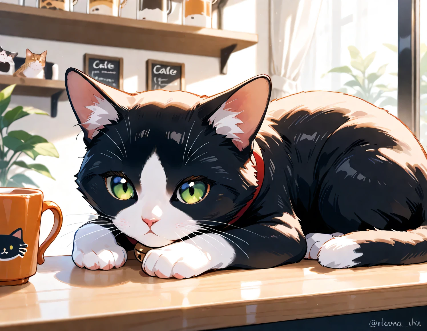 (masterpiece), (best quality), (ultra-detailed), cat cafe, cat focus,drinking cat, no human
