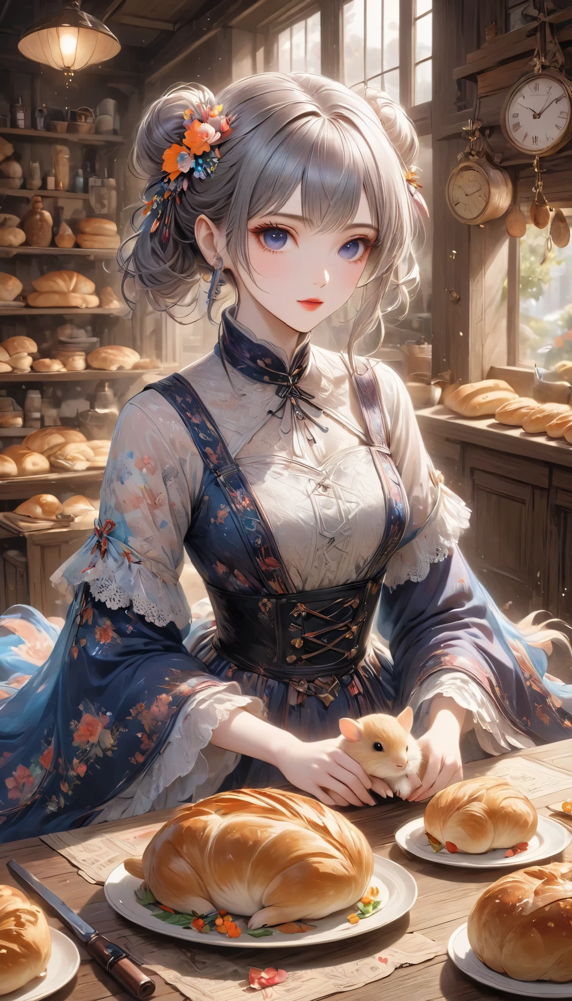 ((hamster girl), Alone, classical European taste , cute and lean beauty, ( hamster fur is delicately and precisely drawn , Charming fluffy , \Hamsters are much smaller than guinea pigs\)), BREAK girls like lace based on faded orange, aiming for a bakery day 々In training, A cute dress with a Gobelin pattern, Paisley small flowers , Elegant cuteness , woven with high quality fabric, BREAK finely baked realistic bread , The surface is hard and the inside seems fluffy and soft , Very tasty baguette , BREAK charming blur, vivid hamster with real detailed fur, Premium watercolor style,