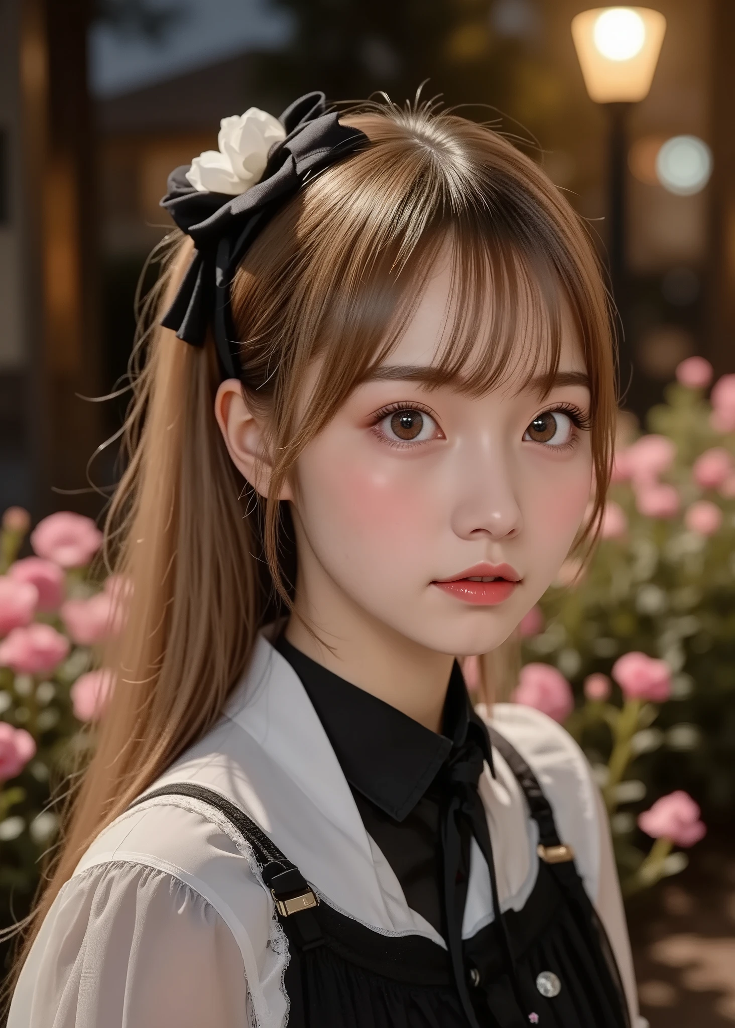 Realistic Scenery、 Night Resort 、 1 girl sitting on a bench facing the front、 White Beautiful Skin 、big-eyed daughter 、flower bed、Street lamp、 fairy tale