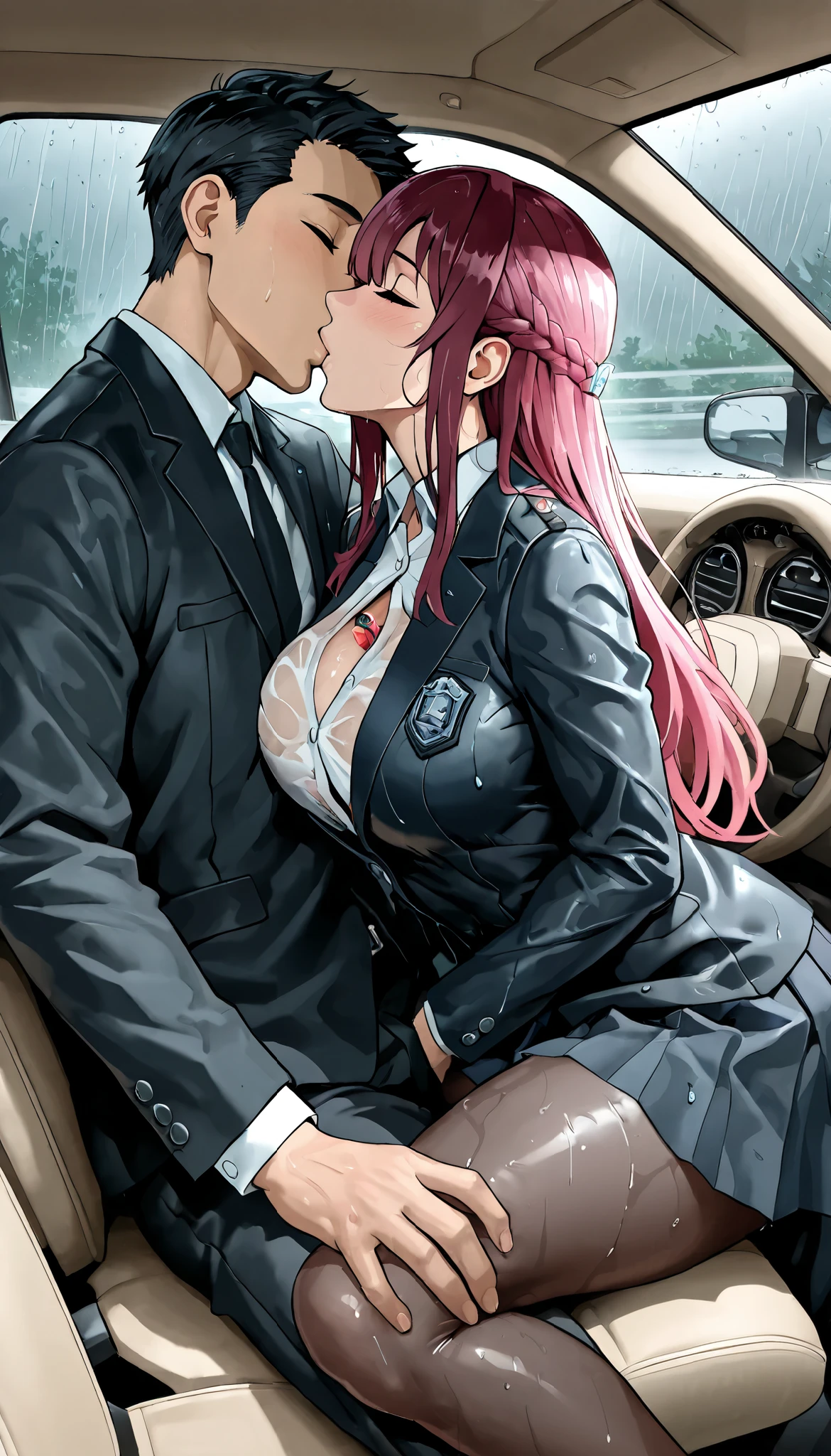 masterpiece, the best quality, buttocks, illustration, beautiful detailed eyes , close, with a boy and a girl . It was pink hair , white pleated shirt, broken button on chest, skirt. The boy has black hair ., black suit, black pants . Boys and girls kissing in a car, heavy rain weather,Sitting in the pilot's seat the boy and the co-pilot's seat the girl