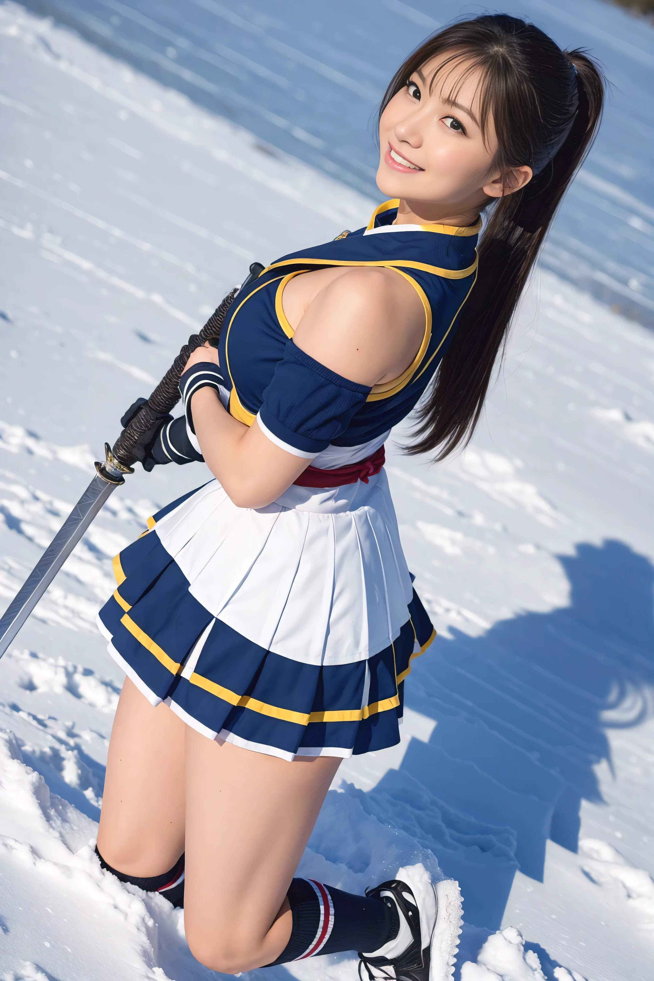 ((highest quality)), (be familiar with), perfect face, Japanese, 35yo, smile, Full body Esbian:1.5, big breasts:1.5, Woman warrior:1.5, cheerleading uniform armor:1.5, adventurer, Knee-High Socks, huge sword, huge sword, huge sword, Huge Gun, Sony FE GM, from above, snow, longhair,  ponytail, Upward glance, blush, (( thick thighs))
