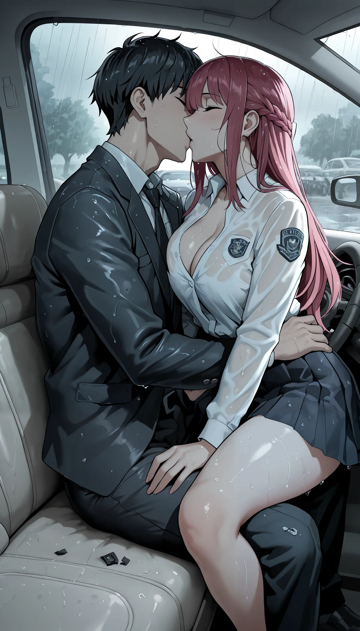 masterpiece, the best quality, buttocks, illustration, beautiful detailed eyes , close, with a boy and a girl . It was pink hair , white pleated shirt, broken button on chest, skirt. The boy has black hair ., black suit, black pants . Boys and girls kissing in a car, heavy rain weather,Sitting in the pilot's seat the boy and the co-pilot's seat the girl