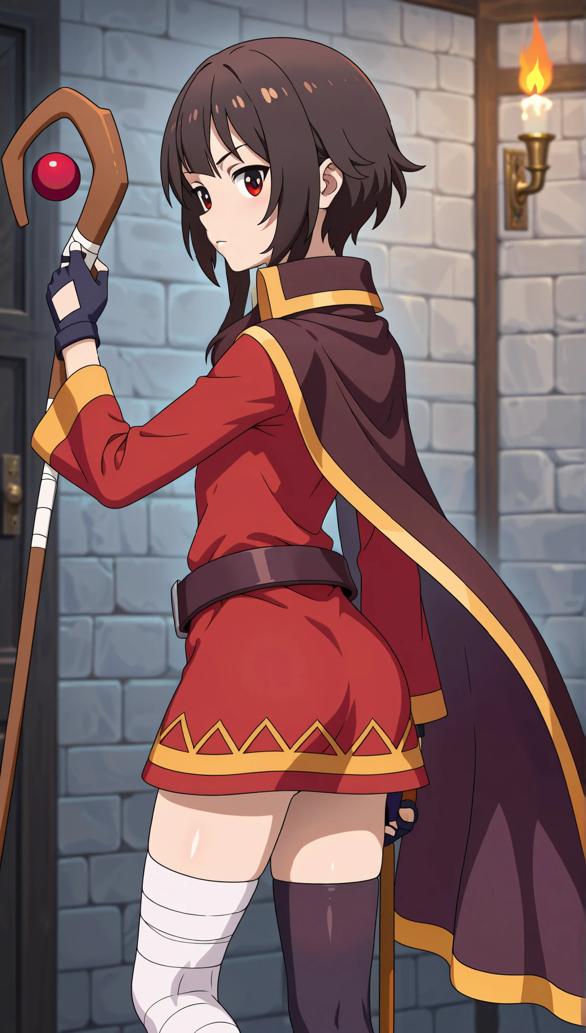 Megumin, standing with the left hand on the lower back , Cane in right hand, short hair, black hair, Red Eyes , side lock, long hair,, thigh high socks, gloves, above Decorati has , red dress, ブラック gloves, belt, black thigh high socks, フィンガーレス gloves, Cape, color, 杖 above Decorati has , bandage, red dress, 片足 thigh high socks, Asymmetrical leg decoration, bandageの脚, (background: city nearby, Inside the inn)