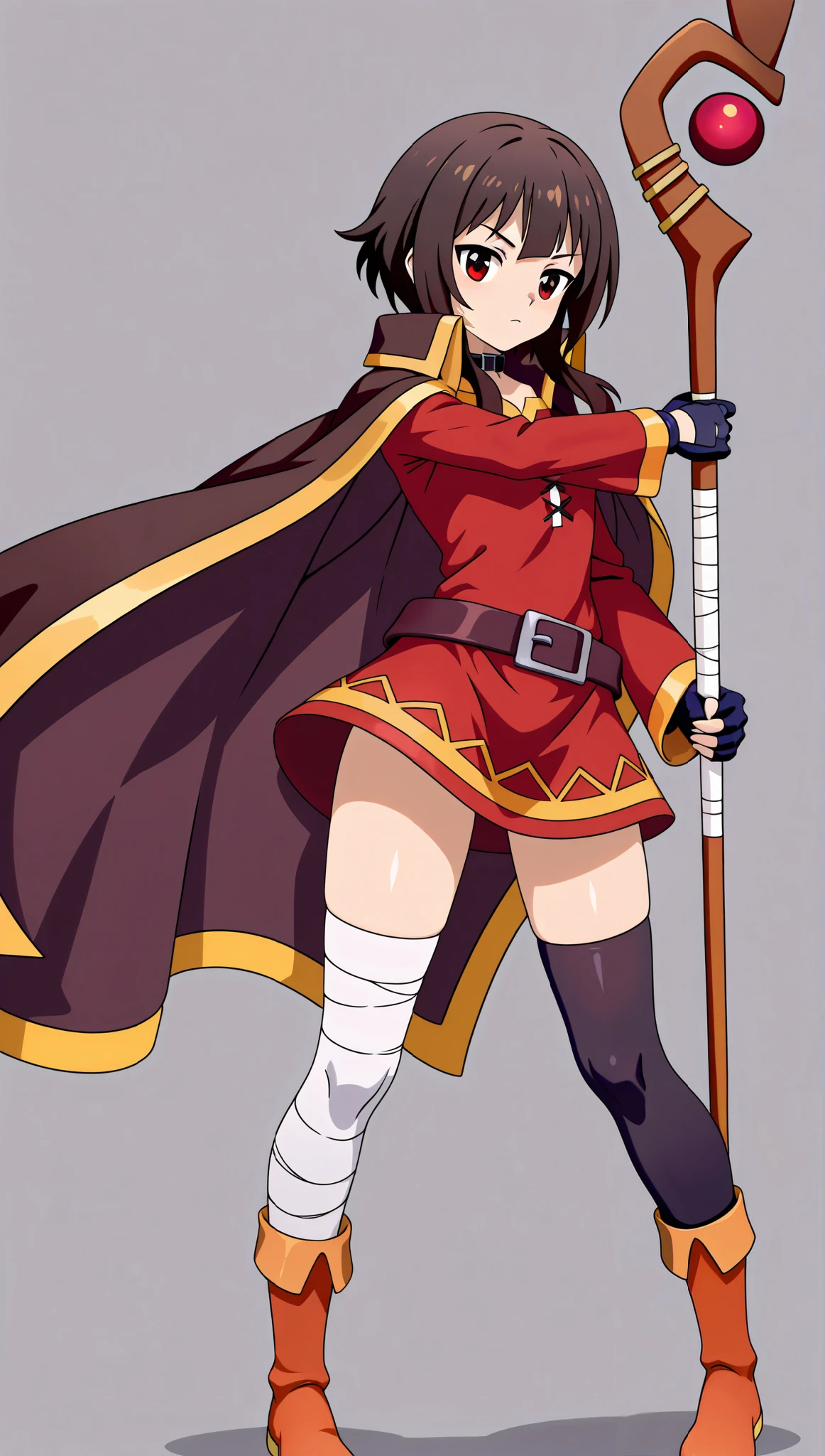Megumin, standing with the left hand on the lower back , Cane in right hand, short hair, black hair, Red Eyes , side lock, long hair,, thigh high socks, gloves, above Decorati has , red dress, ブラック gloves, belt, black thigh high socks, フィンガーレス gloves, Cape, color, 杖 above Decorati has , bandage, red dress, 片足 thigh high socks, Asymmetrical leg decoration, bandageの脚, background: city nearby