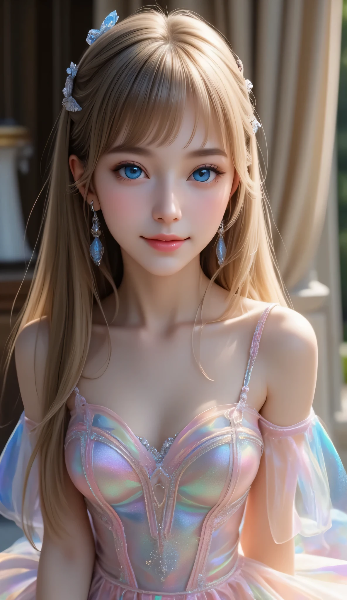 (super cute face:1.1),very beautiful cute girl,(:1.2),fair skin,(happy cheerful smile),professional photograph , (shiny holographic transparent rainbow costume tutu for ballet :1.3),beautiful tutu skirt ,(super shiny colored costume),full body shot