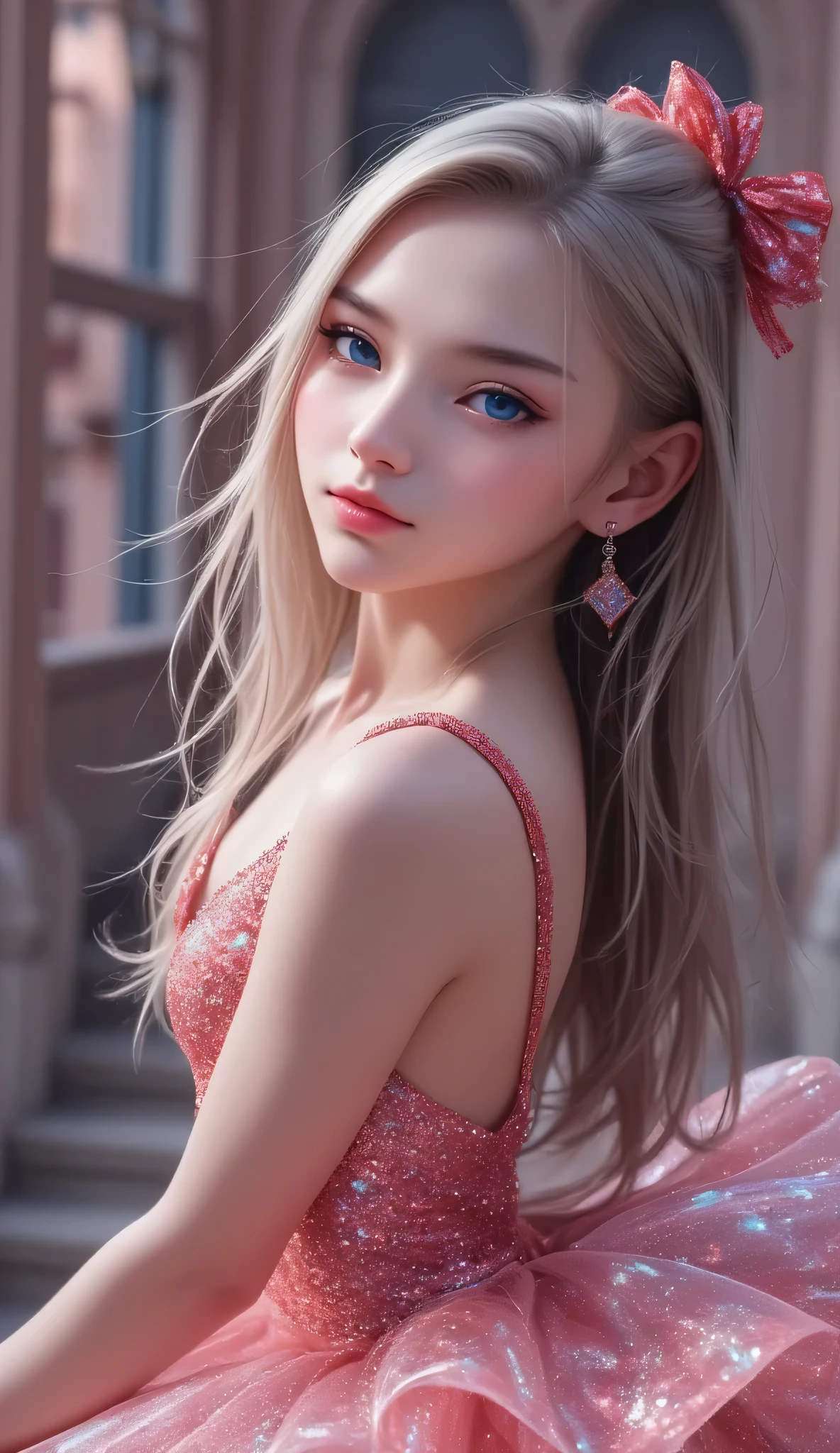 (full body shot:1.5),(shiny holographic transparent red costume tutu for ballet :1.3),beautiful tutu skirt ,(super cute face:1),very beautiful cute girl,(:1.2),fair skin,(happy cheerful smile),professional photograph , (super shiny colored costume),dancing pose