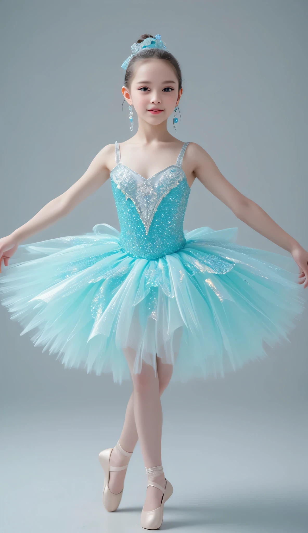 (full body shot:1.5),
(shiny holographic transparent light turqoise costume tutu for ballet :1.3),
beautiful tutu skirt ,
(super cute face:1),very beautiful cute girl,(thirteen  years old:1.2),fair skin,(happy cheerful smile),professional photograph , (super shiny colored costume),ballet pose