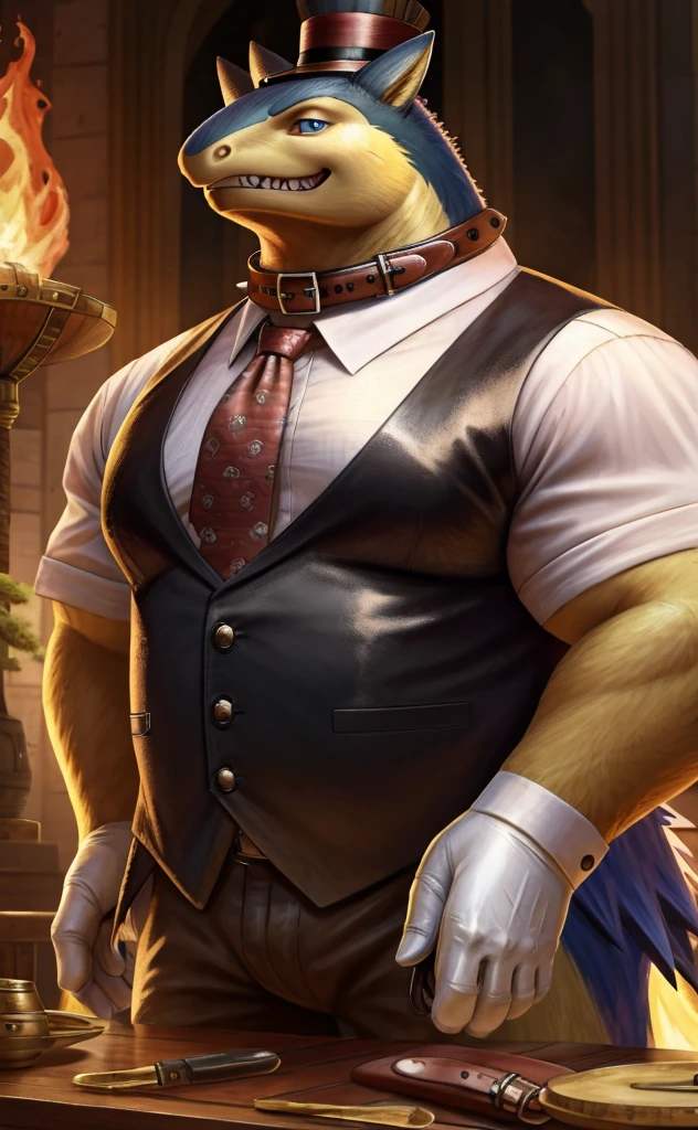 Solo, Male, close up, fat, musclegut, obese, steampunk, gentleman, dapper Typhlosion, blue eyes, wearing a big leather collar around his neck, (soft shading), 4k, hi res, ((detailed face, detailed)), looking at viewer, evil grin, collared shirt with buttons, top-hat, necktie, male focus, Tailor Uniform, steampunk attire, Vest with buttons, sleeves rolled up, dapper top-hat, dapper vest, Tailor, Tailor setting, leather collar is worn above the necktie, Typhlosion is wearing a glossy leather dog collar around the neck, Typhlosion is wearing the leather collar and shirt and vest at the same time, Typhlosion is wearing glossy white rubber gloves on the hands, wearing white rubber gloves on the feet, Typhlosion is wearing glossy white gloves with cufflinks, gloves are rubber in texture, laughing evilly, clenching teeth, big leather collar is glossy and shiny with a lot of detail, Typhlosion is wearing gloves and cufflinks at the same time, leather collar has a lot of detail, big leather collar is thick and detailed, rolled up sleeves, brown leather collar is visible and smooth, Typhlosion's big leather collar has only one buckle, brown leather collar is buckled in the center of the Typhlosion's neck, gloved hands, fancy top-hat, glossy top-hat, close up, (high quality,4k,8k,highres,masterpiece:1.2),ultra-detailed,(realistic,photorealistic,photo-realistic:1.37), masterpiece,(intricate details), captivating artwork, artistically rendered, masterful strokes, attention to detail, tasteful composition, alluring charm, careful shading, great attention to anatomy, meticulous rendering, impeccable craftsmanship, vivid colors, perfect balance between realism and fantasy.