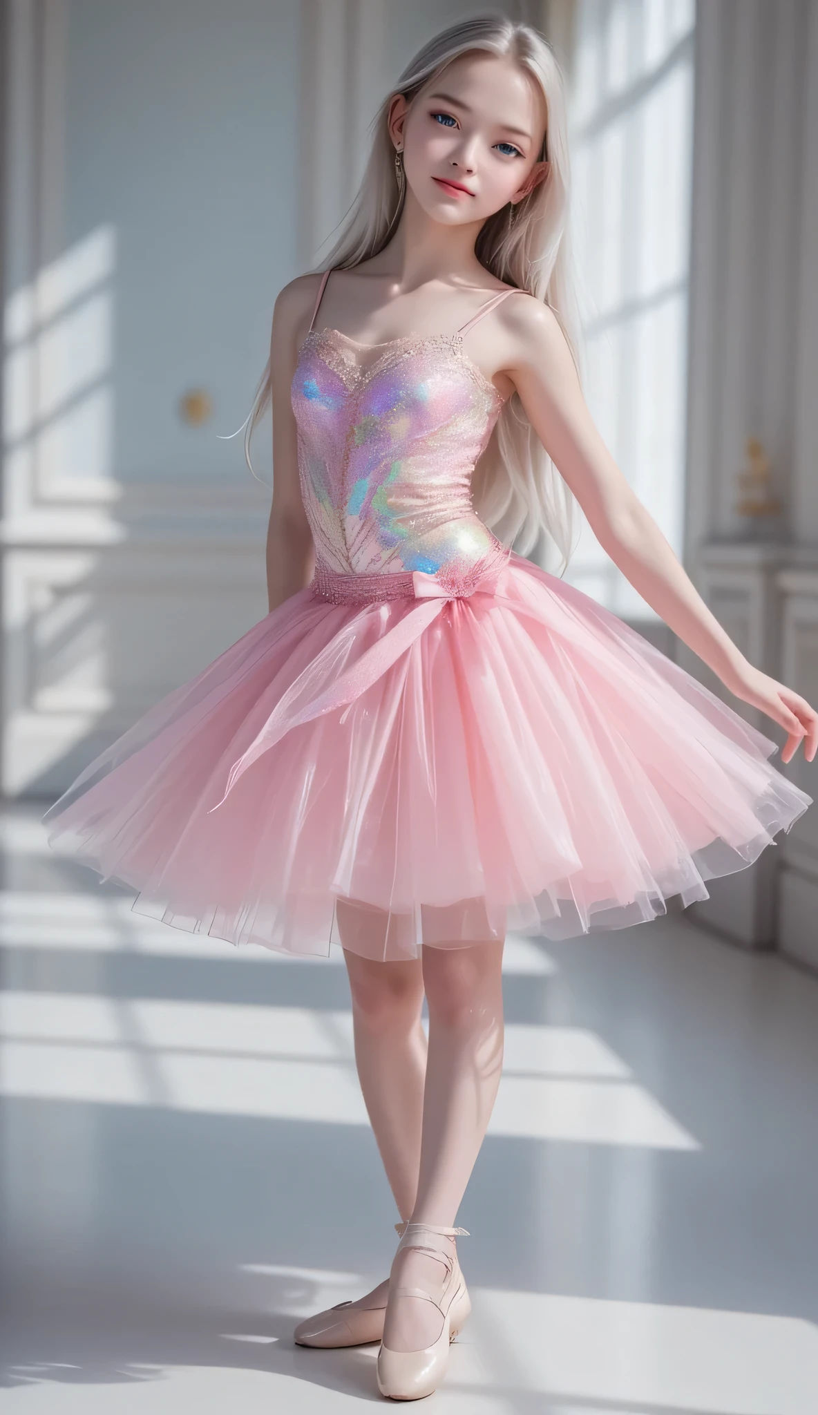(full body shot:1.5),
(shiny holographic transparent light pink costume tutu for ballet :1.3),
beautiful tutu skirt ,
(super cute face:1),
very beautiful cute girl,
(thirteen years old:1.2),
fair skin,(happy cheerful smile),professional photograph , (super shiny colored costume),ballet pose