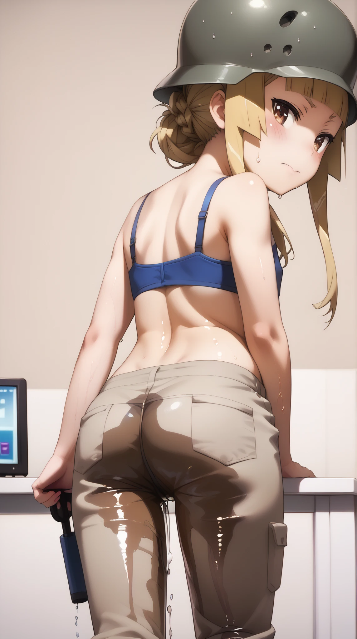 nsfw,(Petite),(A cute boy),blonde low twintails,lips,(Butt Voyeur),Sweat,White Breath,Audience peering in from below,Back view,Big Ass,Groin bulge,Ass up close,skirt,Spread your legs,Sit in an M-shape