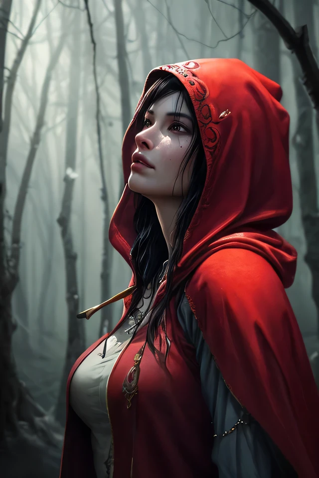 award winning nsfw erotic upper body portrait of a ((red riding hood)) wearing ((torn clothes)) ((exposed breast)) with Ombre golden hairstyle with head in motion with hair billowing hair, [Style-Autumn::20] (wind), standfing ((in a pine forest)), ((under trees)), storm with ((dark storm clouds)) and ((blowing leaves)), fluffy clouds in the sky, (paint splashes:1.3), (splatter:1.2), outrun, vaporware, shaded flat illustration, digital art, trending on artstation, highly detailed, fine detail, intricate, ((lens flare)), (backlighting), (bloom), [Style-Micro::30]<hypernet:SamArt:0.327> <lora:LadyDim:0.6>