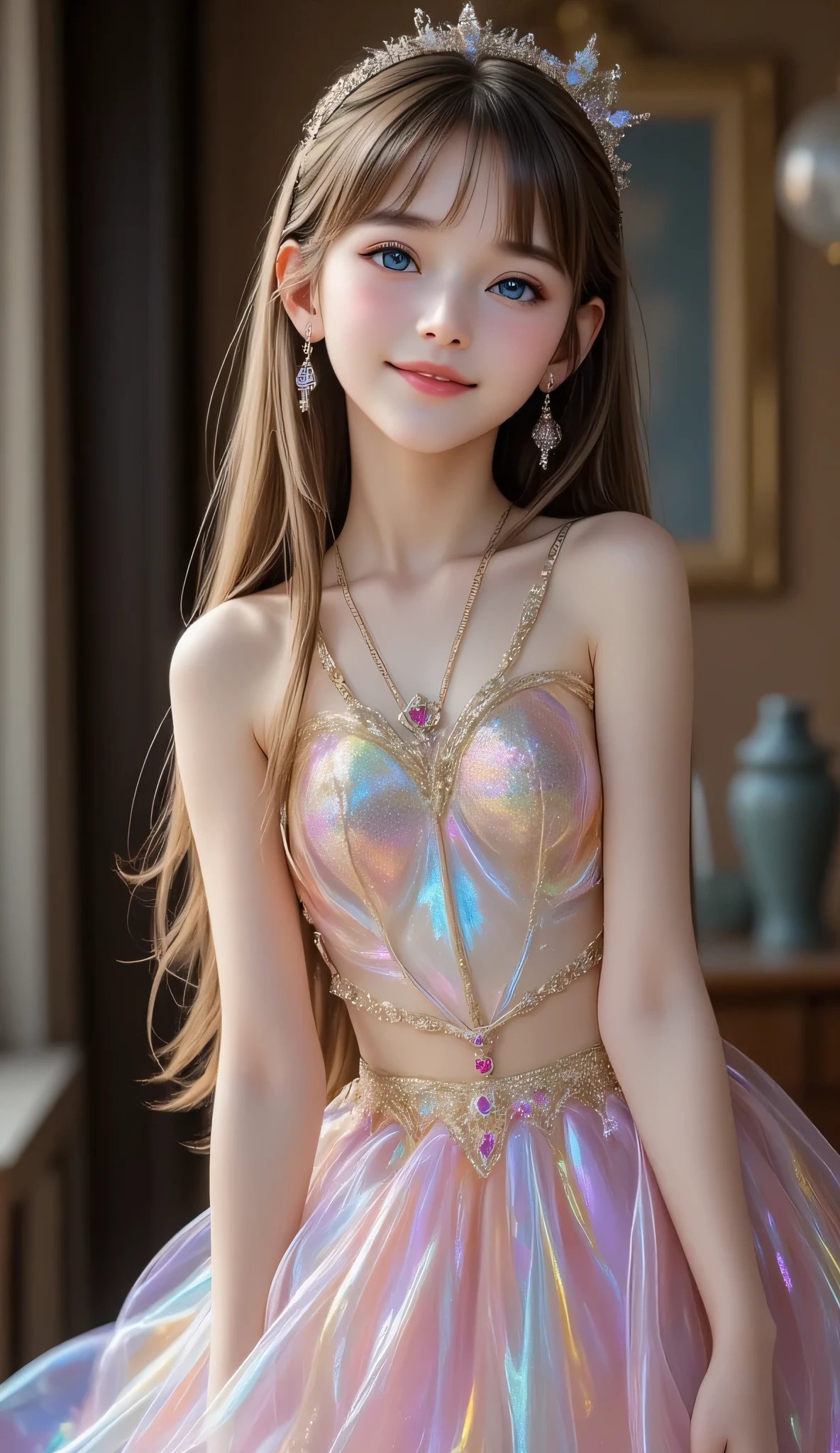 (full body shot:1.5),
(shiny holographic transparent rainbow costume tutu for ballet :1.3),
beautiful tutu skirt ,
(super cute face:1),
very beautiful cute girl,
(:1.2),
fair skin,(happy cheerful smile),professional photograph , (super shiny colored costume),ballet pose