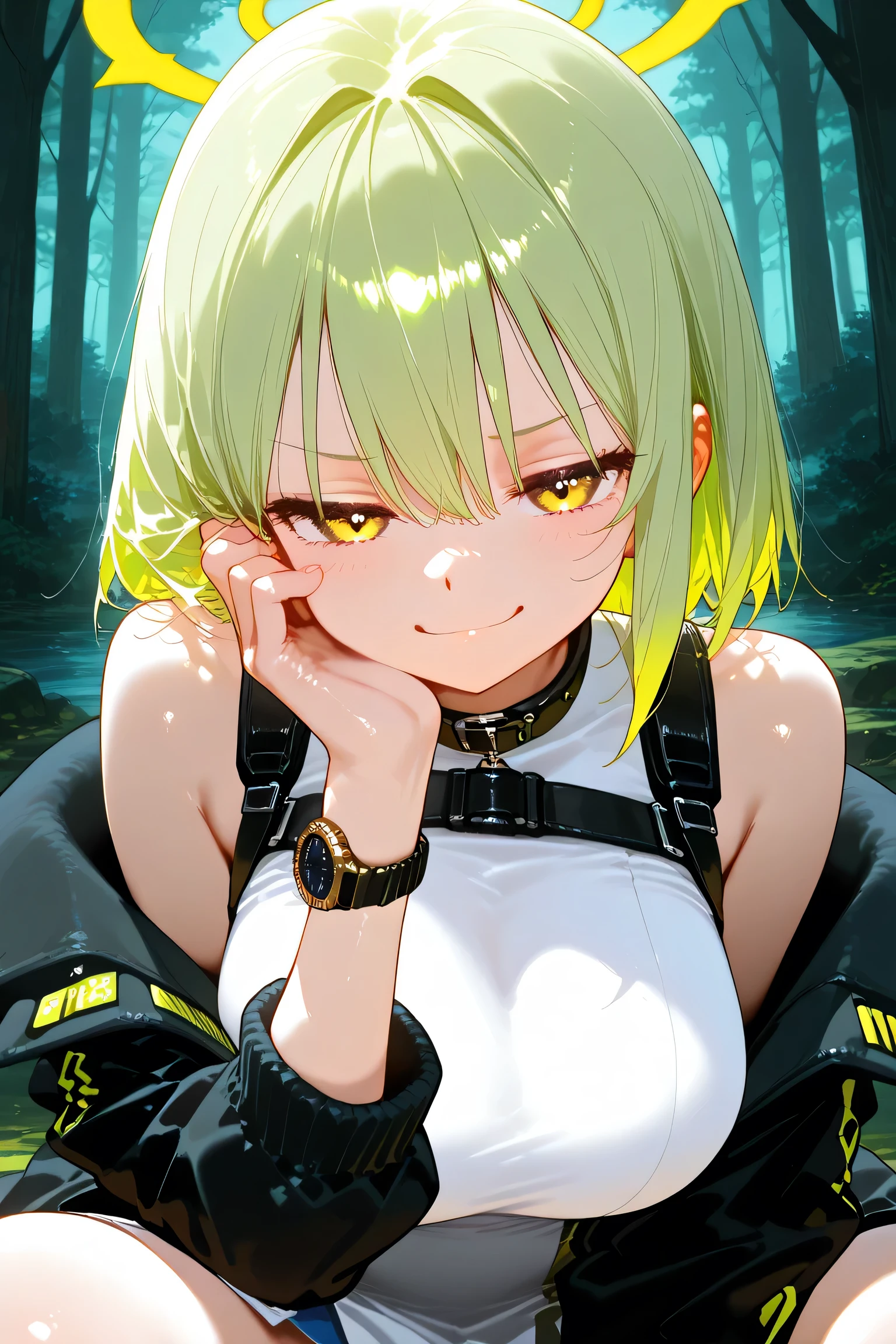  masterpiece,  top quality,  great quality,  so beautiful,  Hi-Res,  latest, hyper-detailed,  realism, cute、  1 girl,  dusty \(  weathering wave\),  yellow-green hair,  two tone hair ,  white dress,  black coat,   fine eyes ,  round yellow eyes on their own,  Colored Limbs ,  big breasts, Chest,  shoulder out, black collar,  Watch viewers,  smug ,   squats ,   leg summary  ,  hands on my face,  fanart,   are ridiculous,  depth synthesis, cinematic green, amazing forest background.