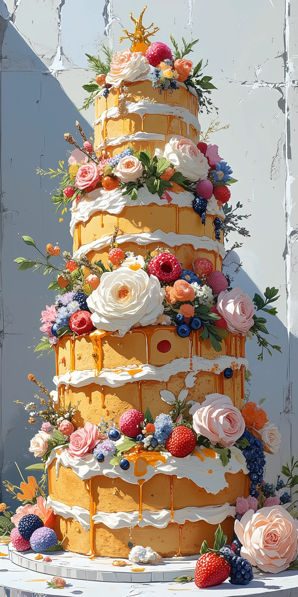 A huge, three-tiered sponge cake with whipped cream. Richly decorated with fruits, berries, and colored marmalade. Incredibly appetizing and surreal.