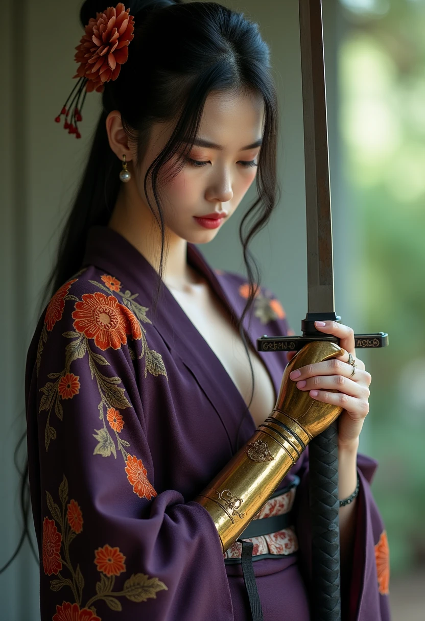 A Japanese warrior woman in a serene pose, delicately holding a katana. Her outfit is a samurai-inspired ensemble in deep purple, with orange floral details embroidered on the fabric, bringing a traditional aesthetic fused with modernity. Her expression is melancholic, with her gaze lowered, conveying an air of introspection and honor. Her right arm is covered in kanji tattoos that narrate her story, while her left arm is a golden prosthesis ornamented with intricate engravings, evoking a steampunk, art nouveau, refined Fabergé aesthetic. Soft, diffuse lighting highlights the texture of the skin, the metallic shine of the arm, and the folds of the fabric. The photograph is captured with a wide-aperture portrait lens, creating a subtle bokeh in the background, emphasizing the sharpness of the details of the protagonist. Inspired by the work of Annie Leibovitz and Chen Man, combining visual narrative with photographic hyperrealism, framed in a balanced and harmonious composition.