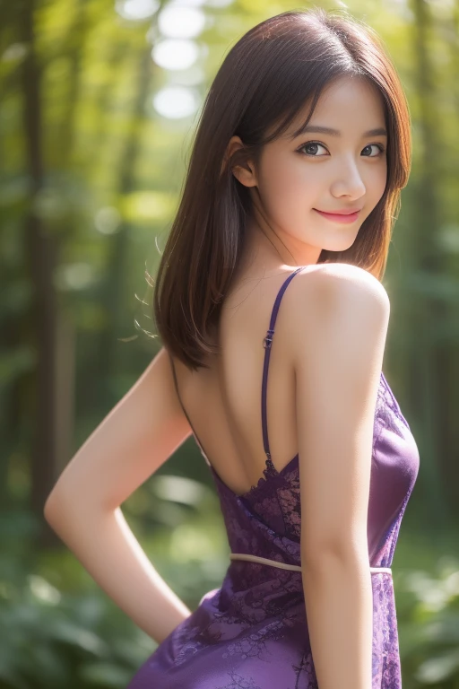 Masterpiece, highest quality, high resolution, (Best Quality, 8K, 32K, nsfw:1.2), (1 slender woman of Japan, 18 years old), (shoulder length brown Curly hair touching shoulder), Bright foreground, amber eyes, Professional Lighting, Photon mapping, shading:1.3, (high-detail skin:1.2), equal sized breasts, ((Huge breasts:1.5)), ((Provocative Dynamic Poses)), hyperdetailed face, Detailed lips, Detailed eyes, Double eyelids, (Sensual gaze on the photographer), High quality, 4K, sexy, no freckles, no moles, spotless body, detailed face, detailed mouth, beautiful eyes, detailed teeth, detailed breast, 2 hands with perfect fingers, tall body, slim body, thin waist, beautiful face, perfect skin, no pubic hair, strong abs, hide hands, (full body picture), slim body, bubble butt, bokeh, thick buttocks exposed, (micro thong), make up, erotic photoshoot, legs wide open, fit, ((professional photography studio lighting)), natural breast, Photorealsitic, surrealistic, hands are out of view, can’t see hands, can’t see fingers, cleavage, beauty, pretty, beautiful breasts, perfect teeth, beautiful teeth, smile, (lavender flower field background), side view, ((covered exy bra, from behind, rear view, (ass focus),