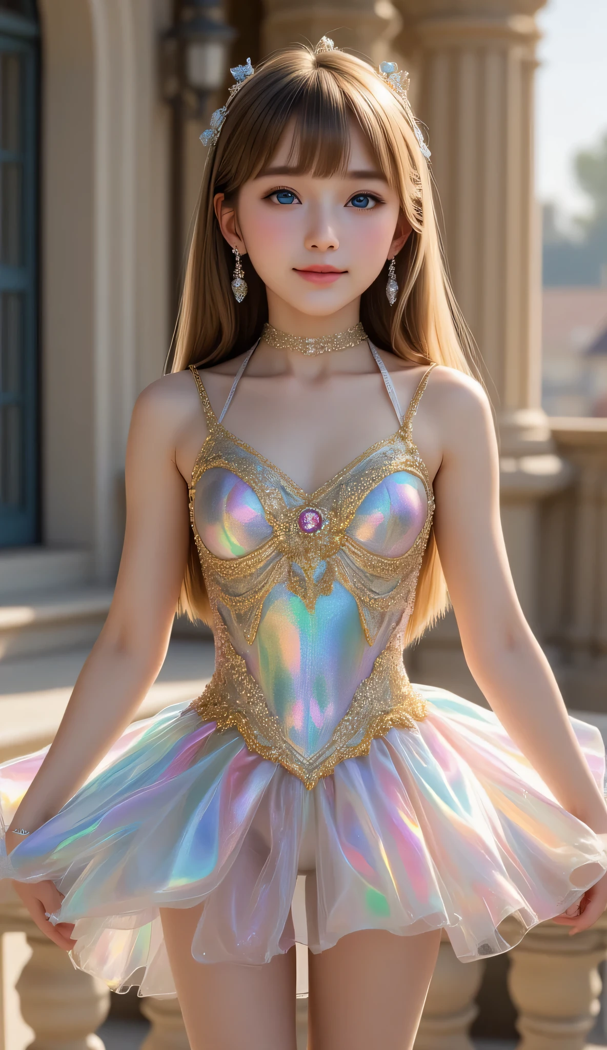(full body shot:1.5),
(shiny holographic transparent rainbow costume tutu for ballet :1.3),
beautiful tutu skirt ,
(super cute face:1),
very beautiful cute girl,
(thirteen years old:1.2),
fair skin,(happy cheerful smile),professional photograph , (super shiny colored costume),ballet pose
